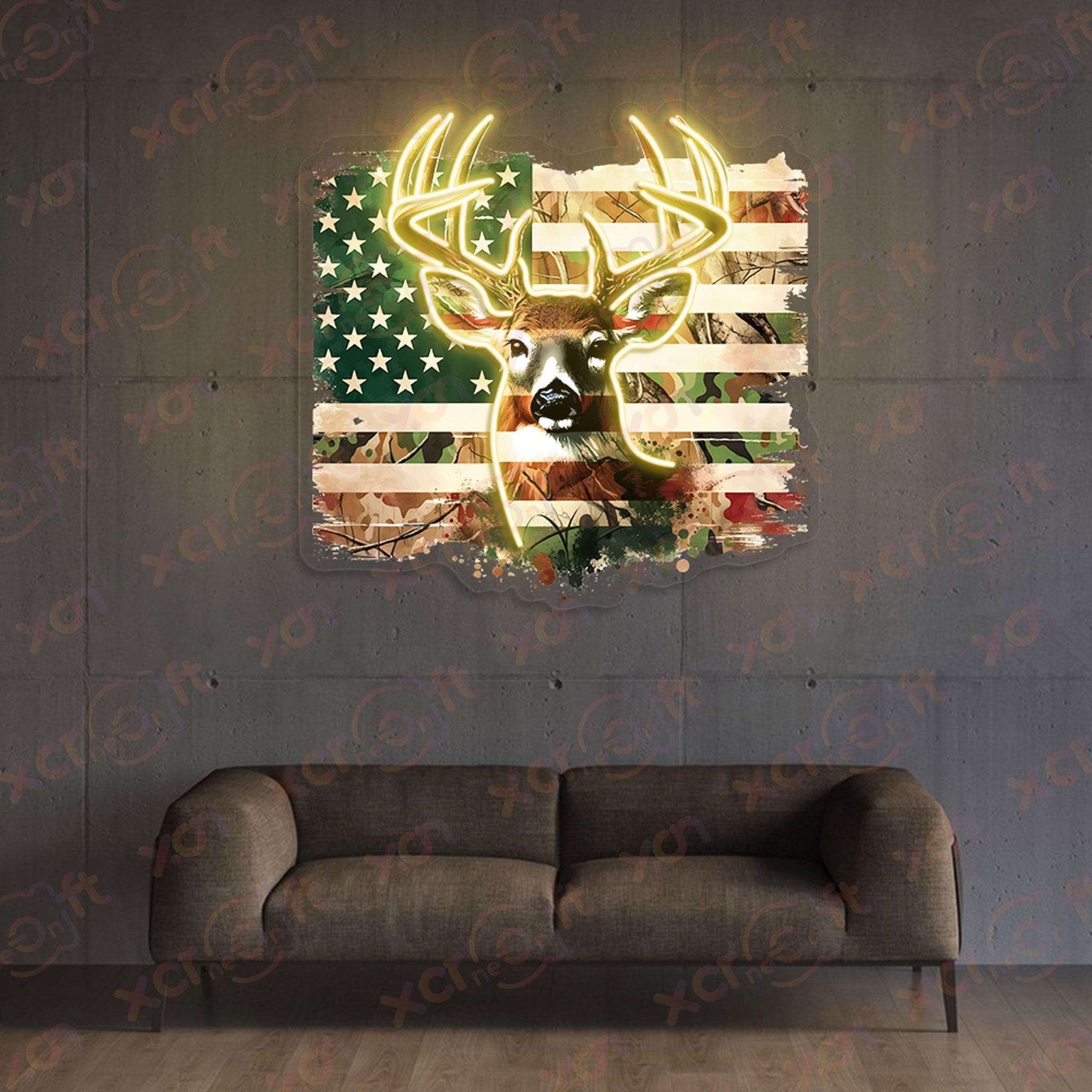 Patriotic hunting decor with deer motif.