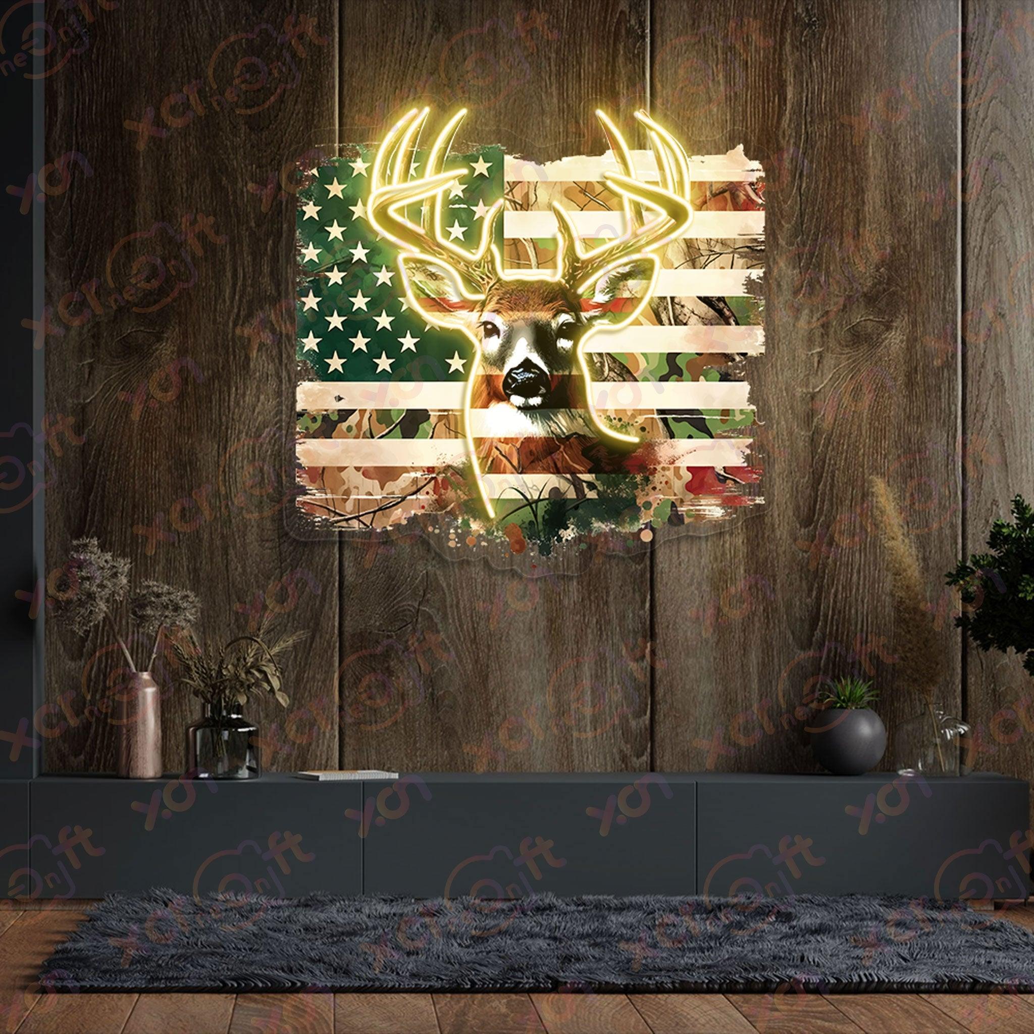 Rustic American flag with deer silhouette.