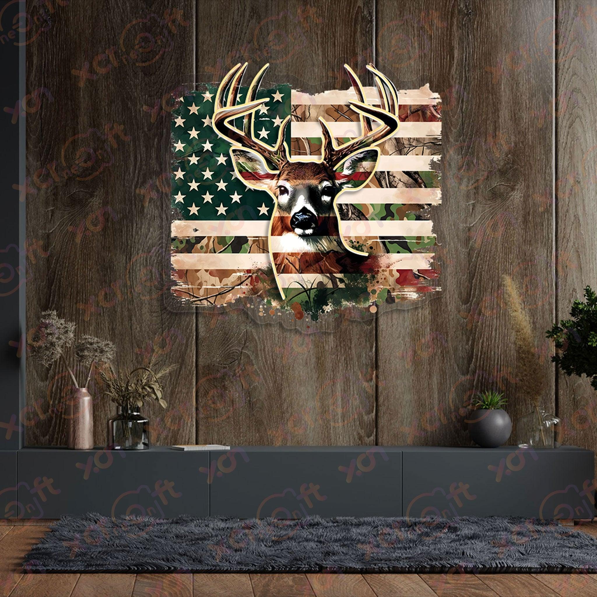 Distressed flag art with glowing deer.