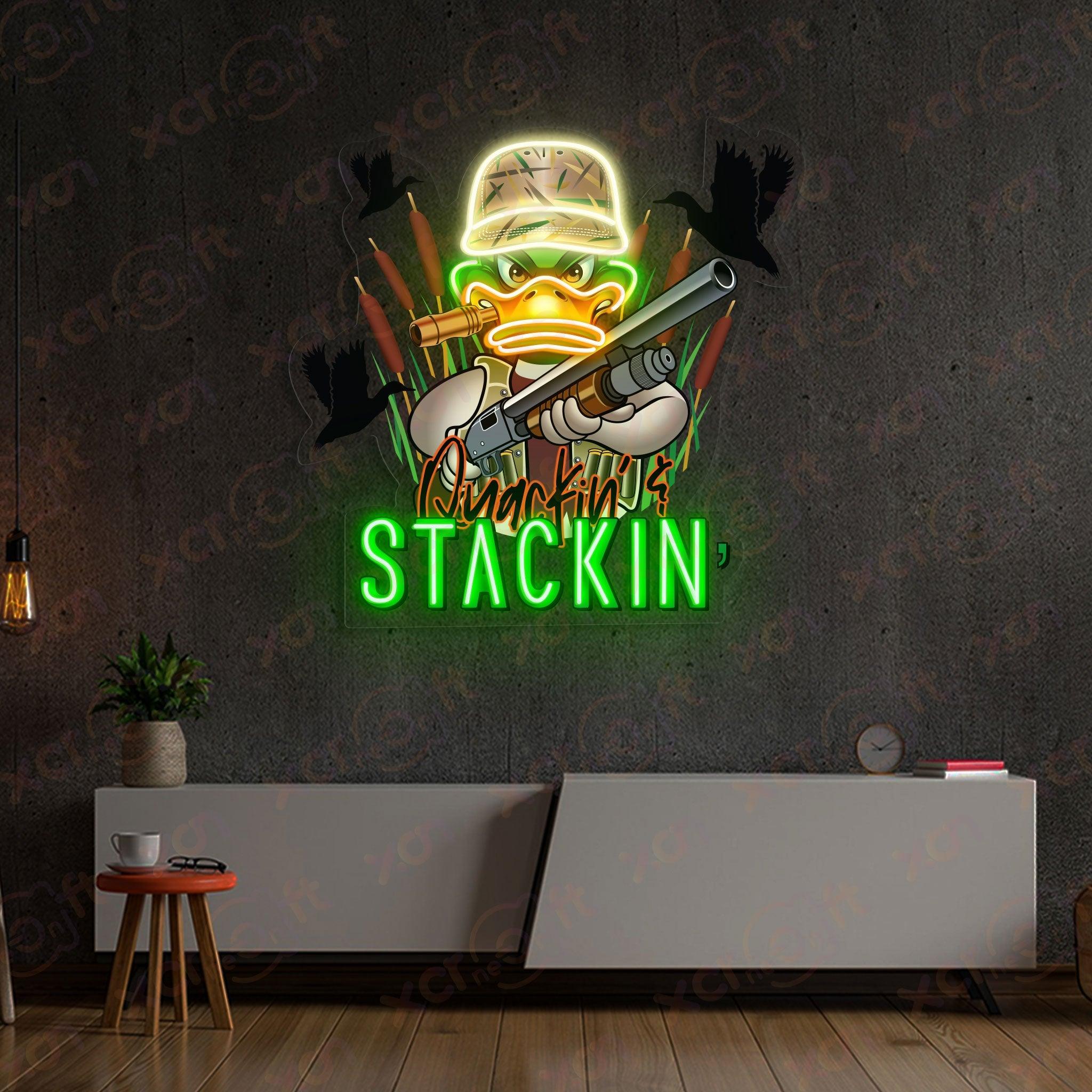 Neon sign duck hunter with cigar, camo hat.