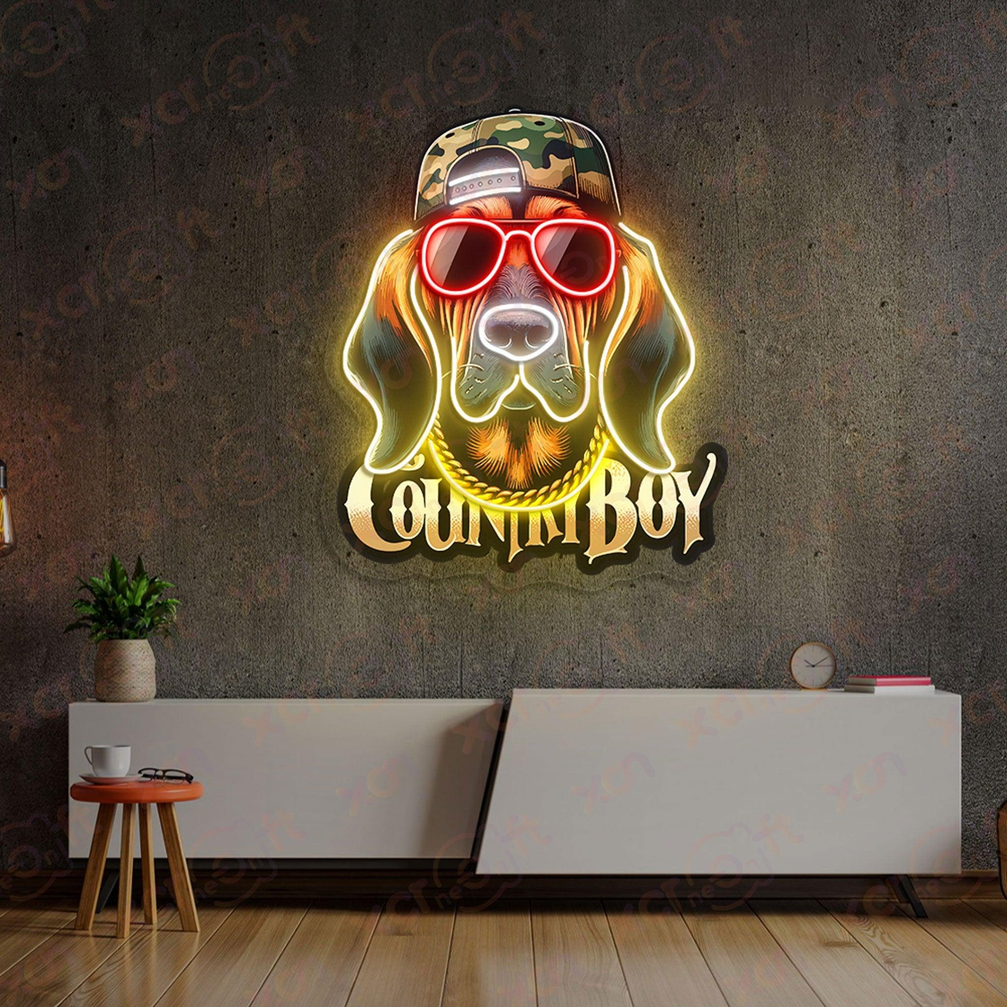 Neon sign of dog wearing sunglasses and cap.