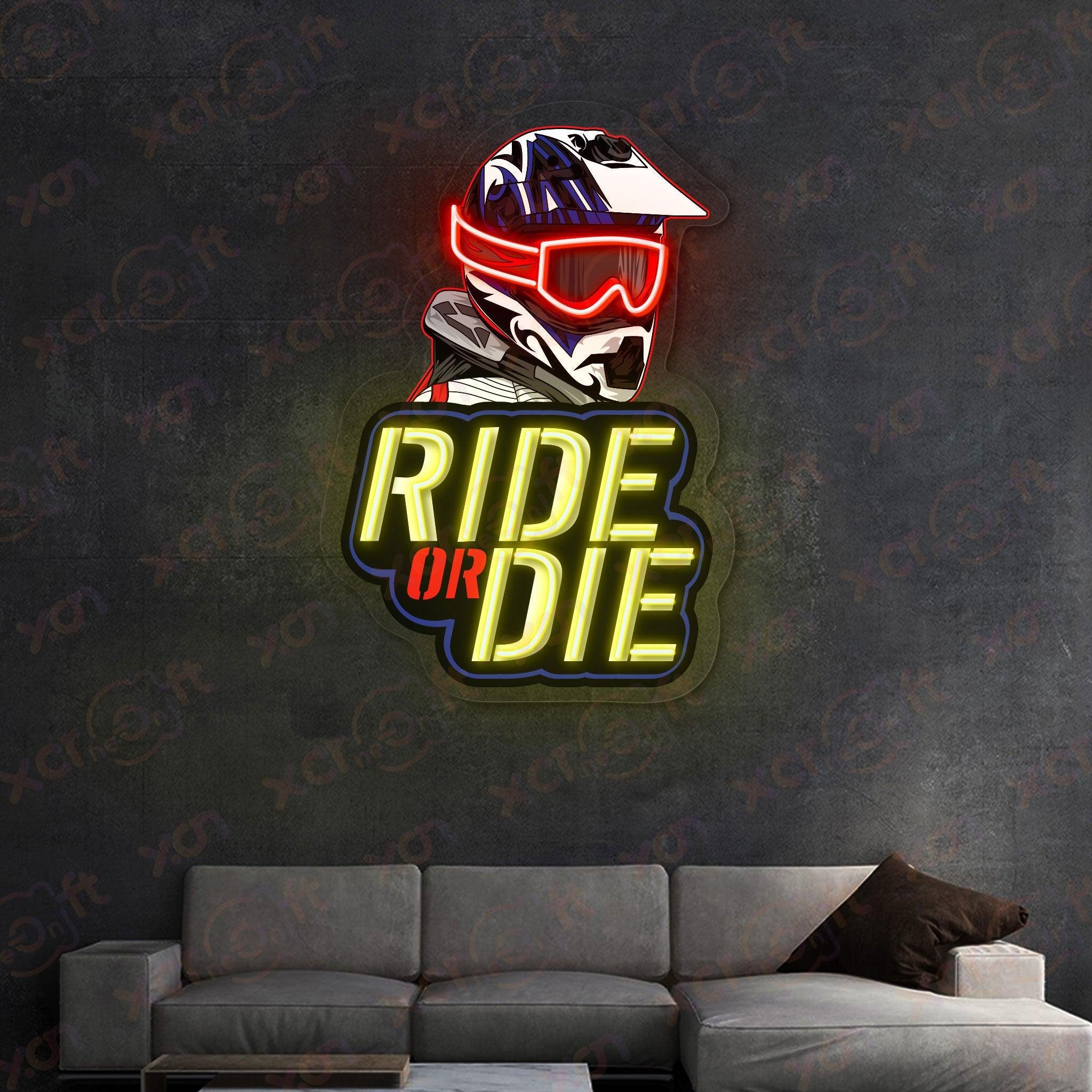 "Ride or Die" motorcycle club neon sign.