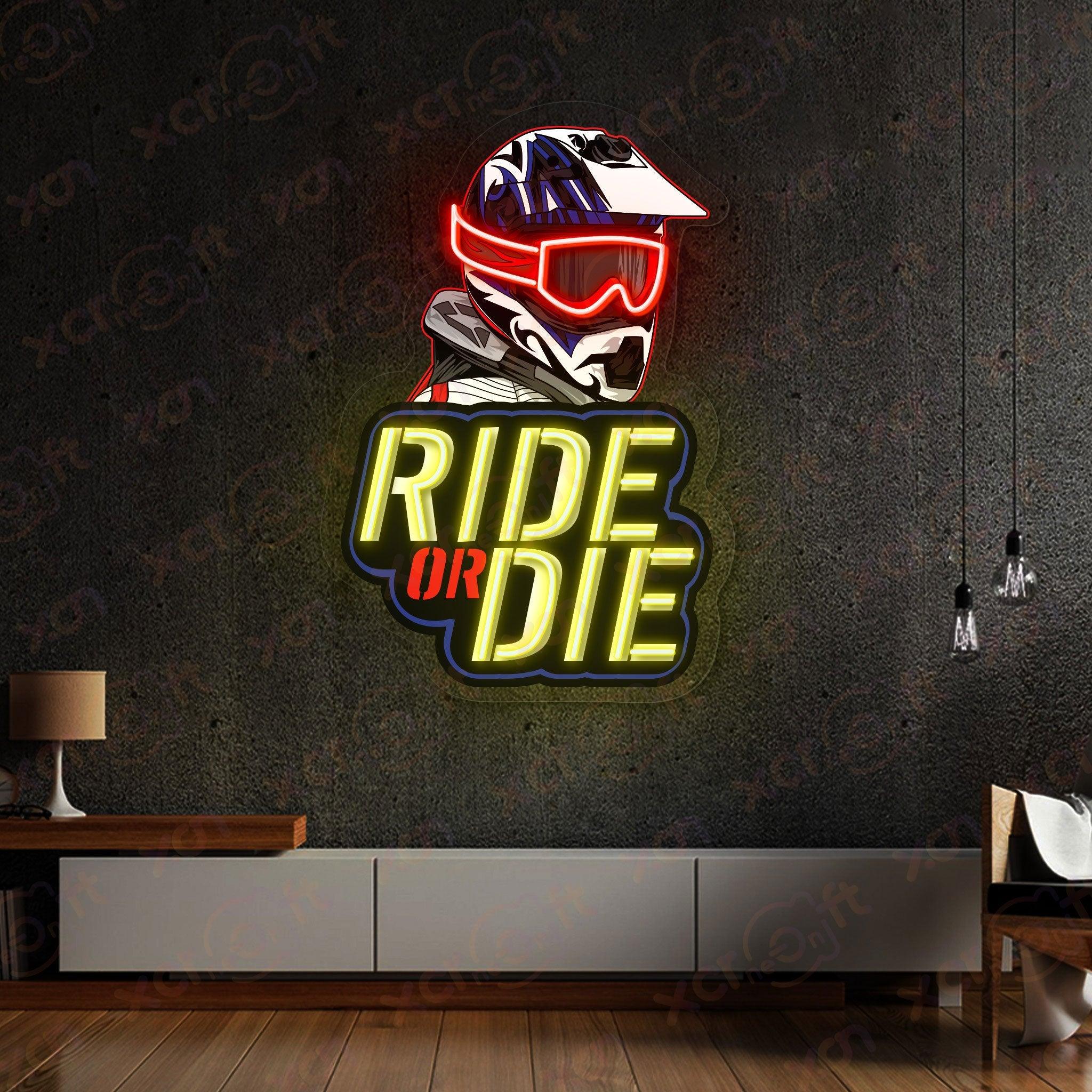 Red and yellow neon sign for bikers.