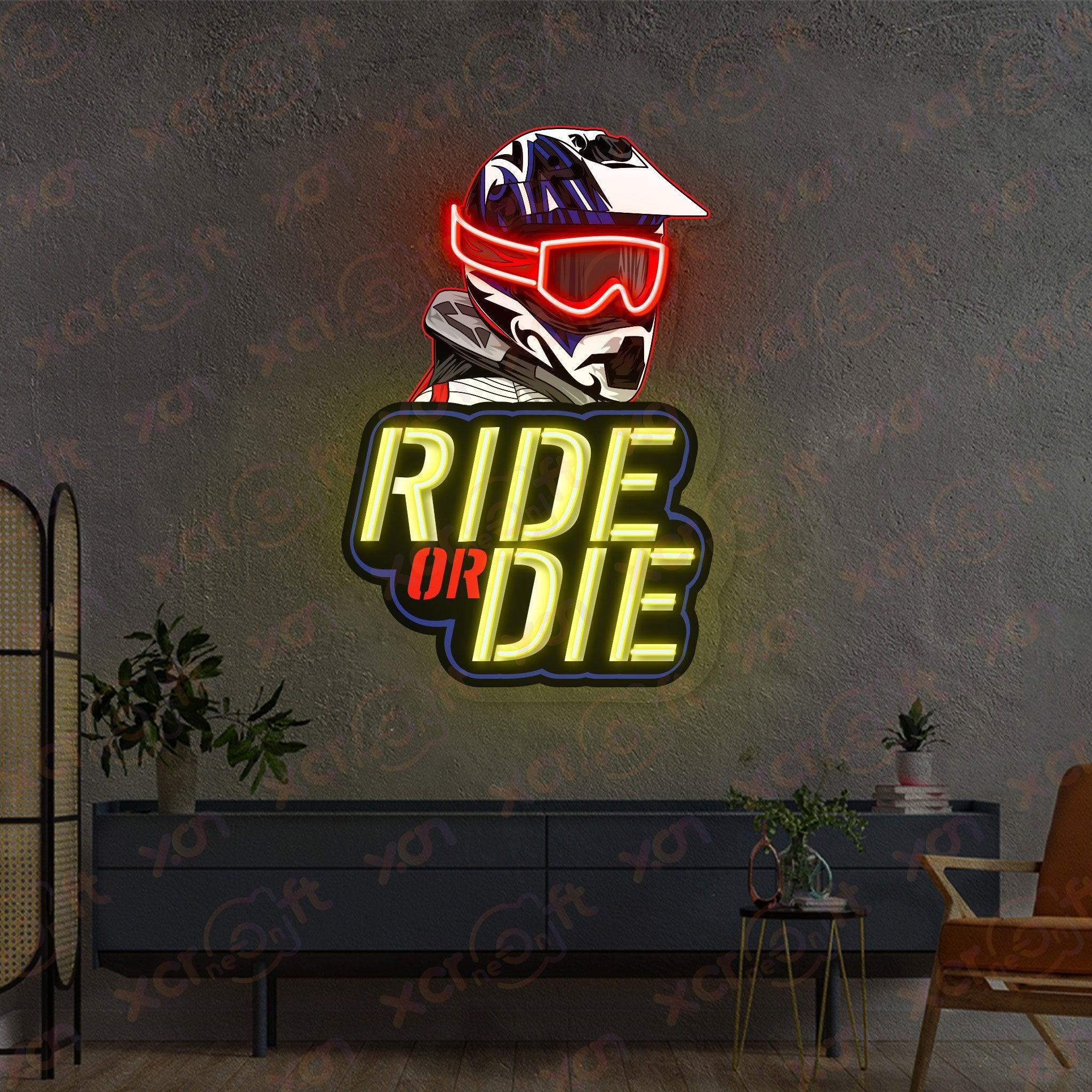 Neon biker sign: helmet, "Ride or Die" slogan.