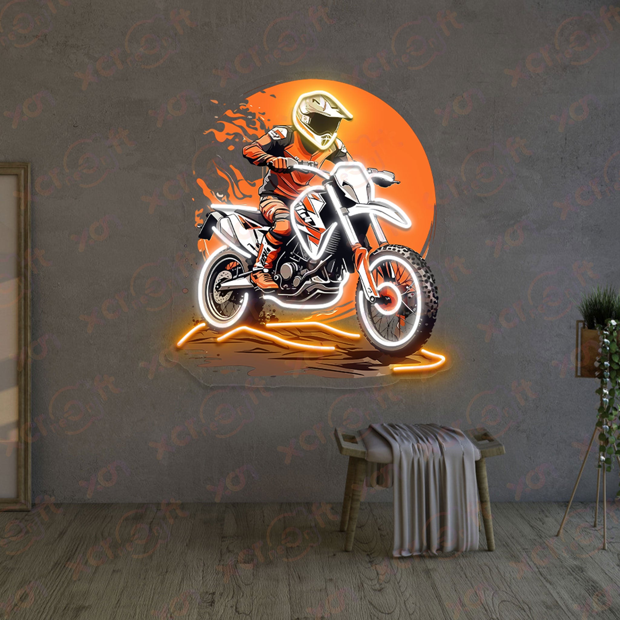 Orange High-Speed Dirt Bike Neon Wall Art Decor