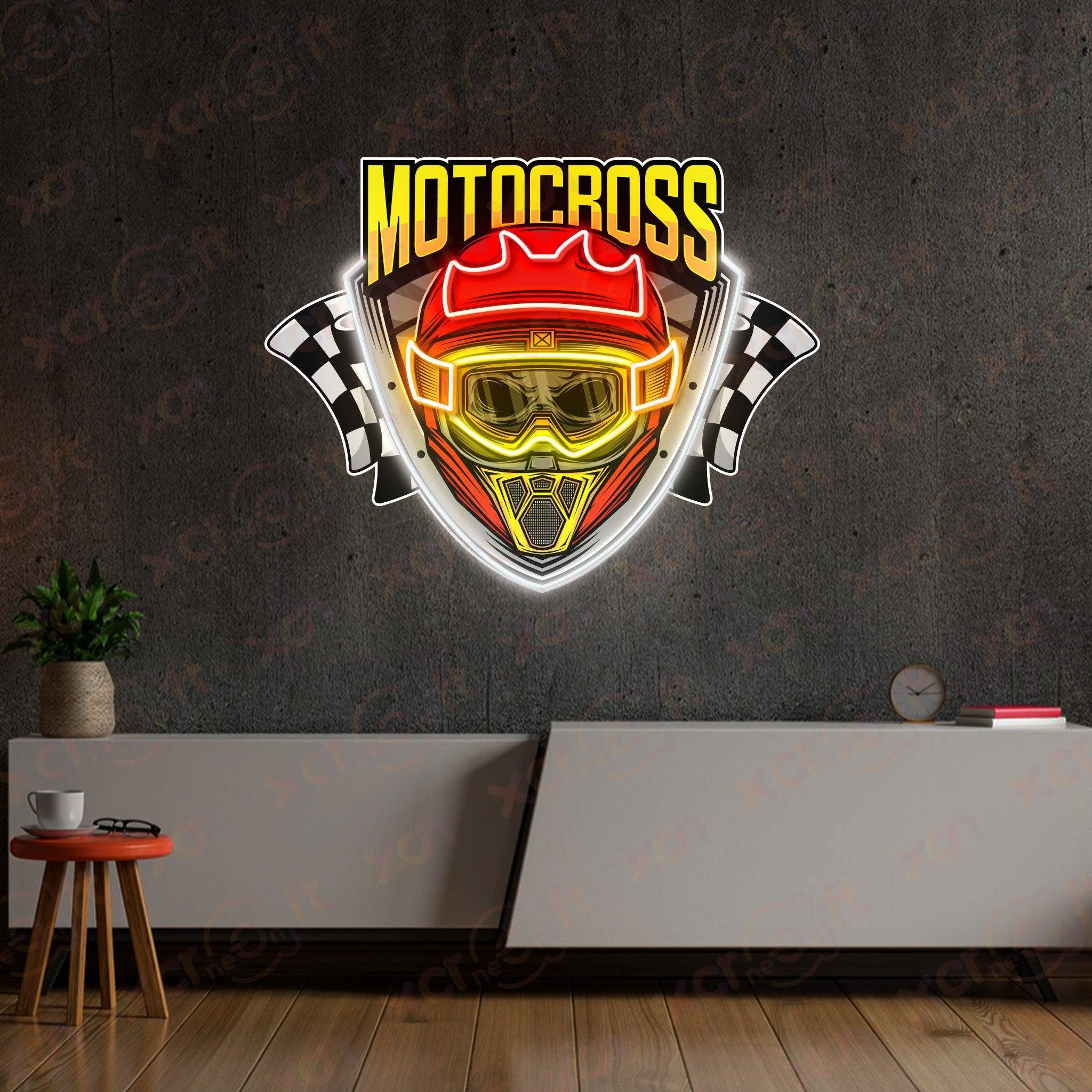 Motocross helmet with goggles neon sign.