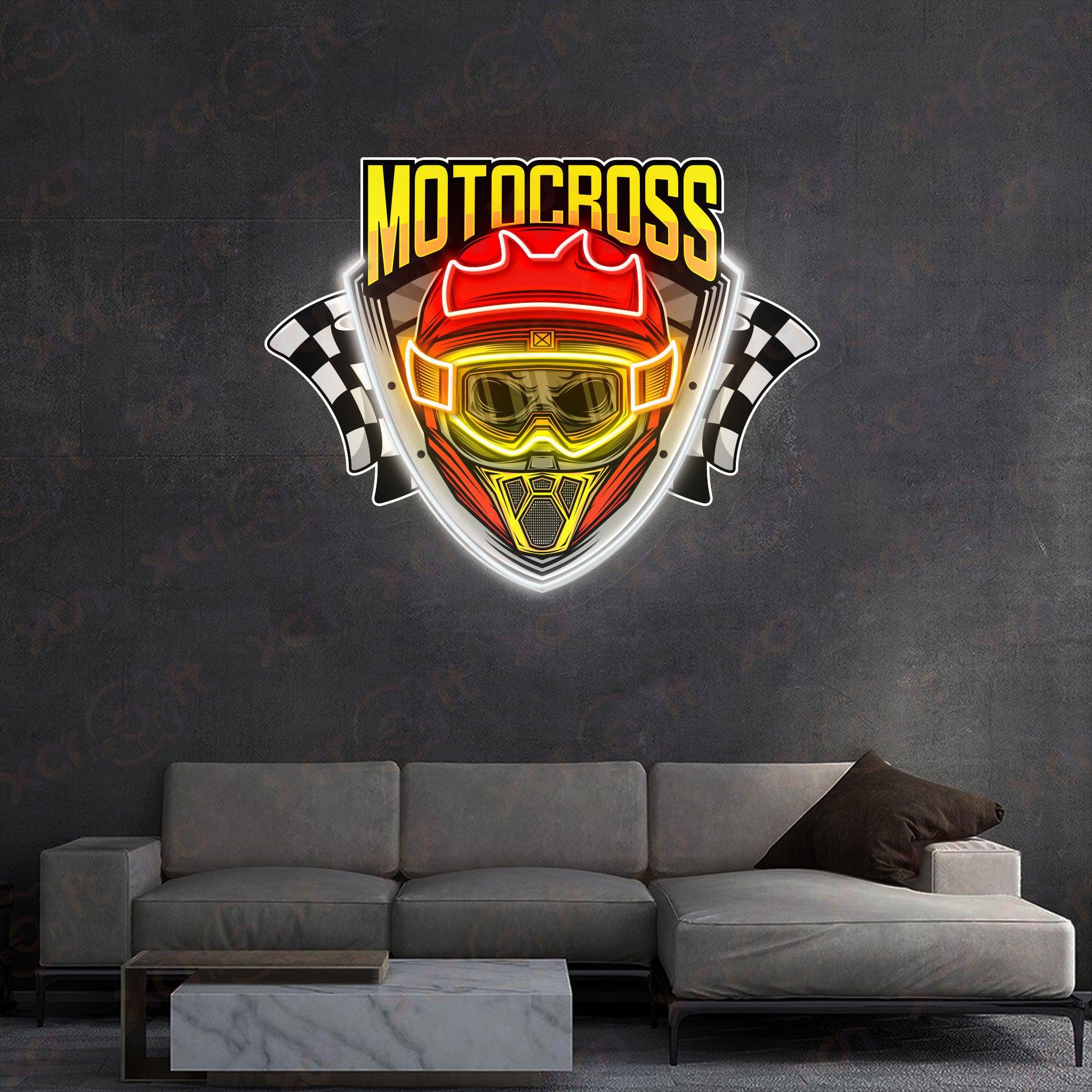 "Motocross" logo in red and yellow neon.