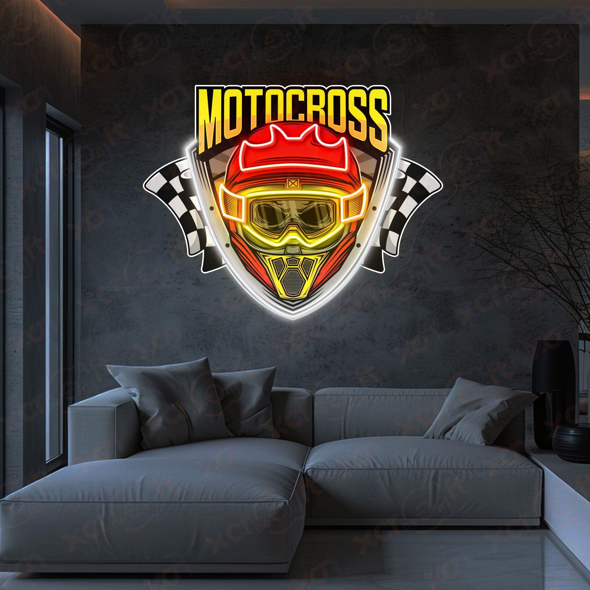 Neon sign: motocross helmet, checkered flags.