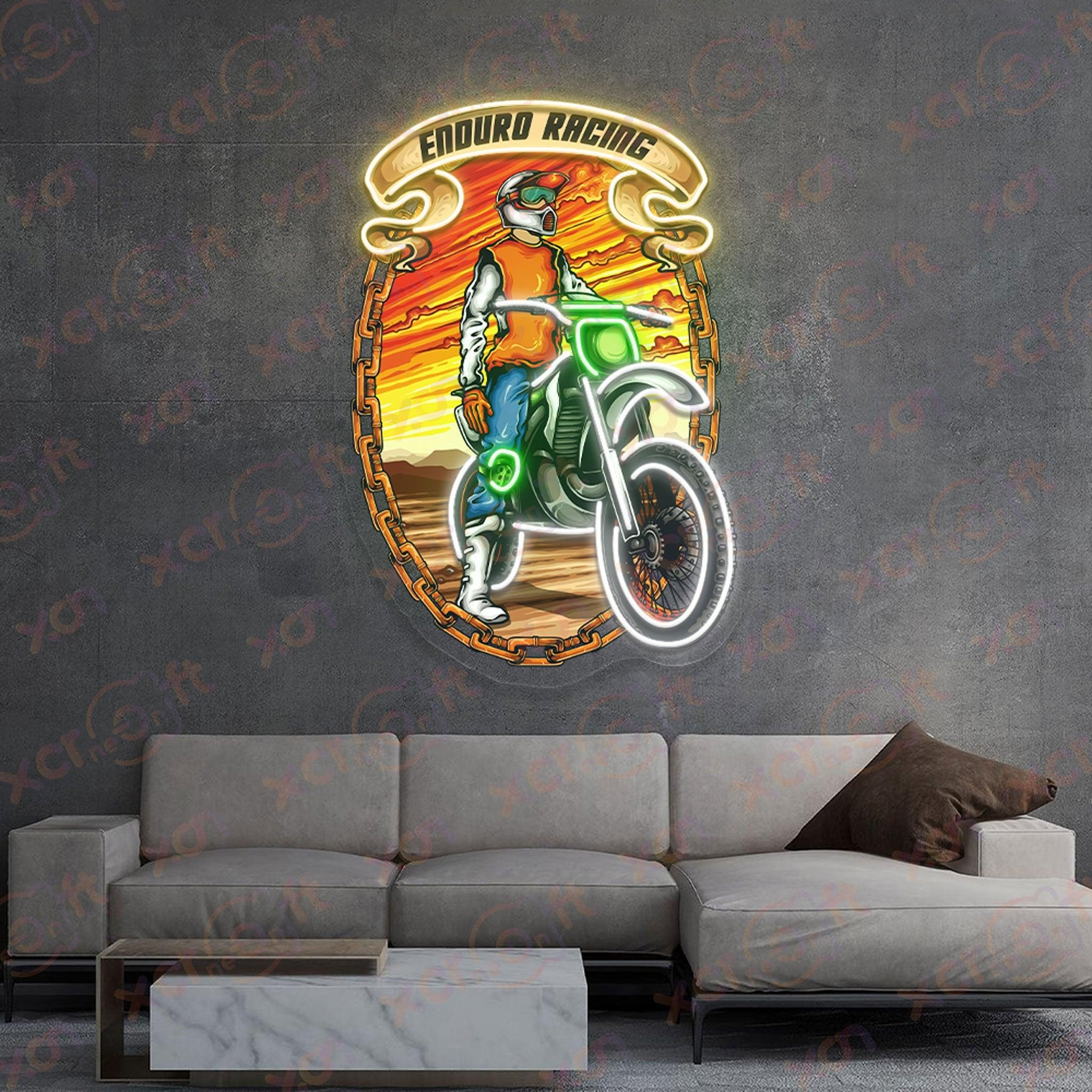 Enduro racing UV neon sign, vibrant wall art.