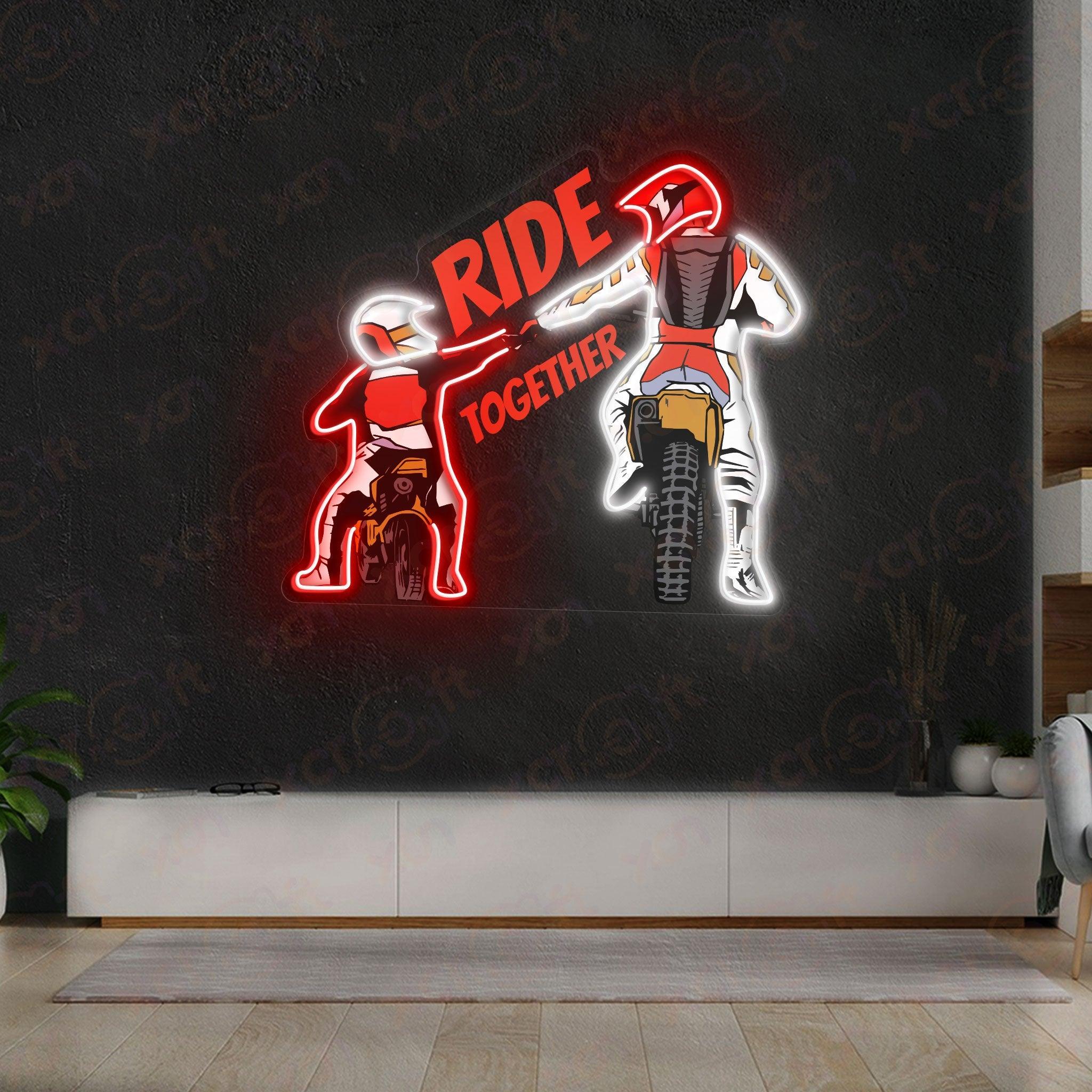 High-quality neon light, "Ride Together" motorcycle art.