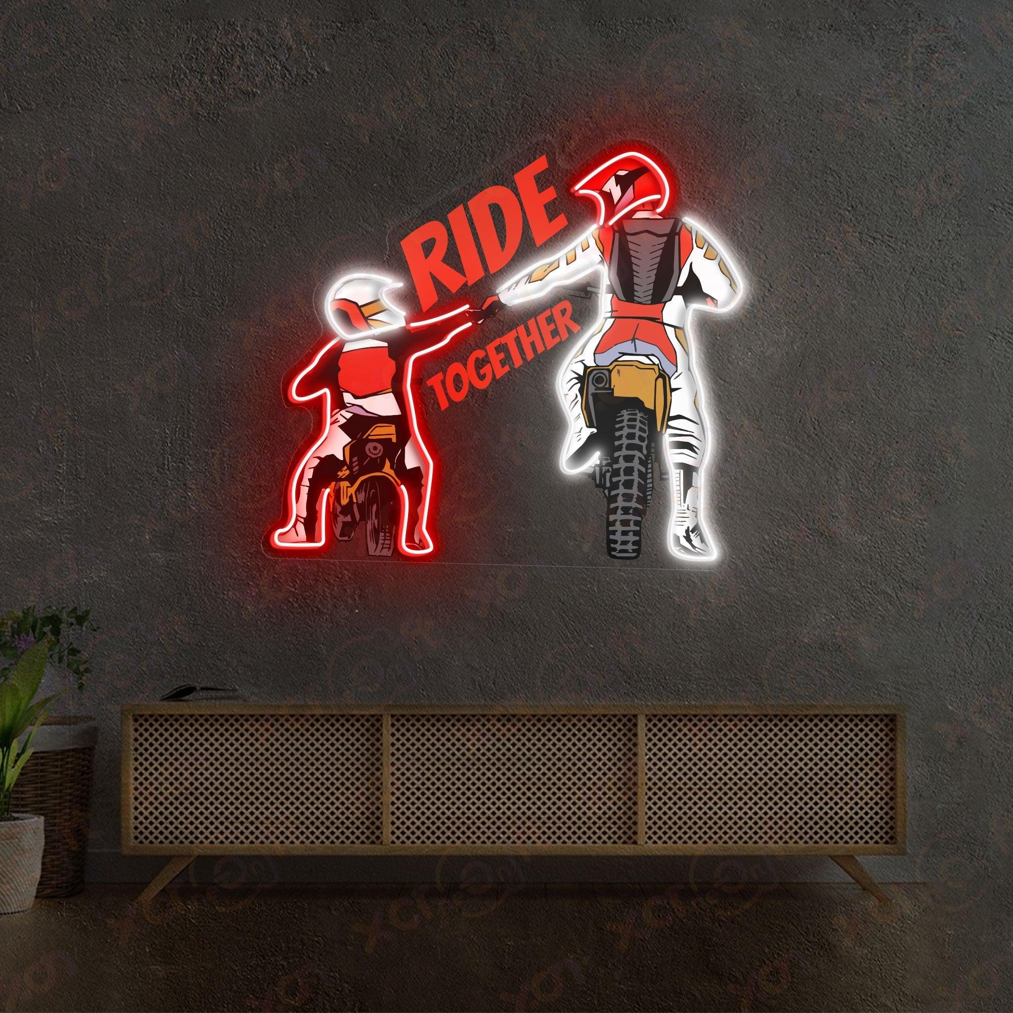 Ride Together" UV neon sign, motorcycle wall art.