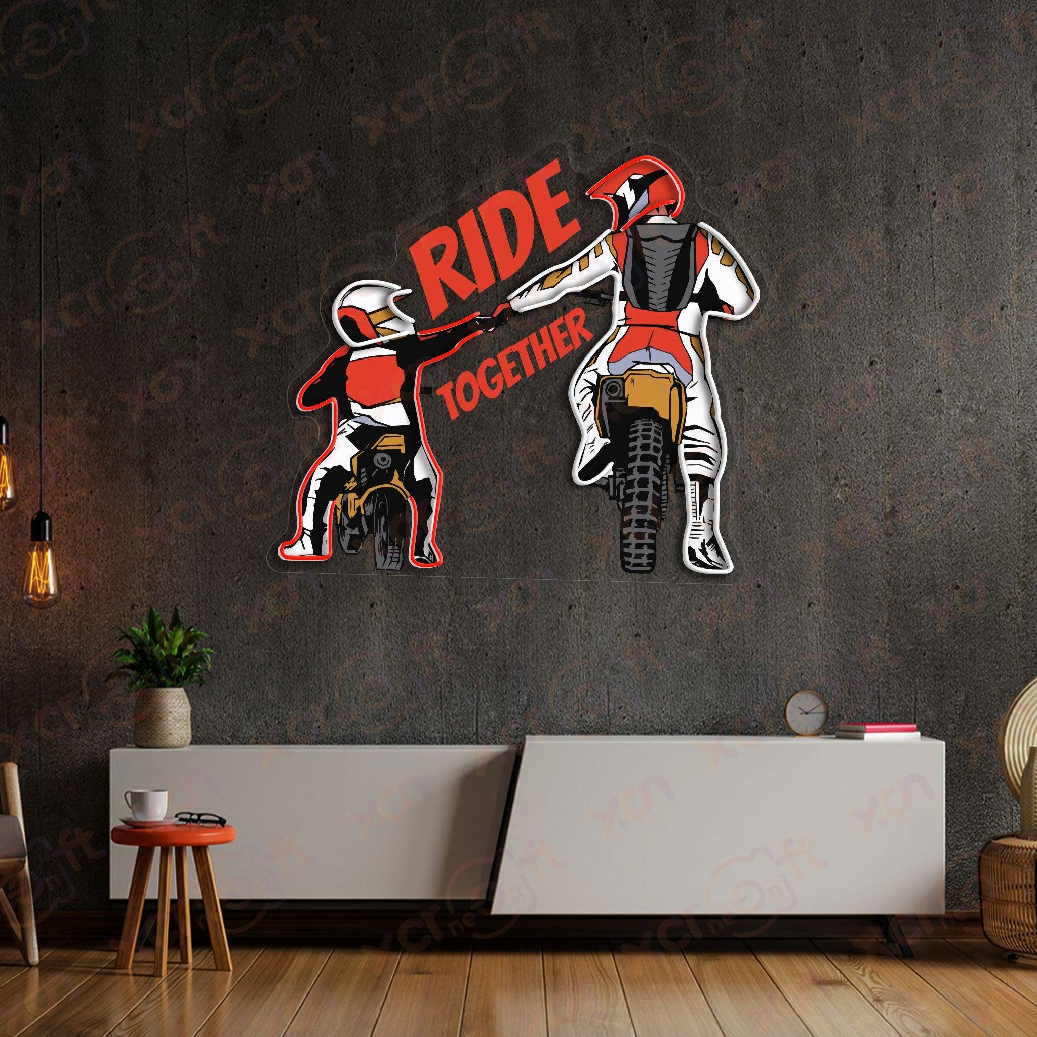 Durable UV printed neon, "Ride Together" motorcycle sign.