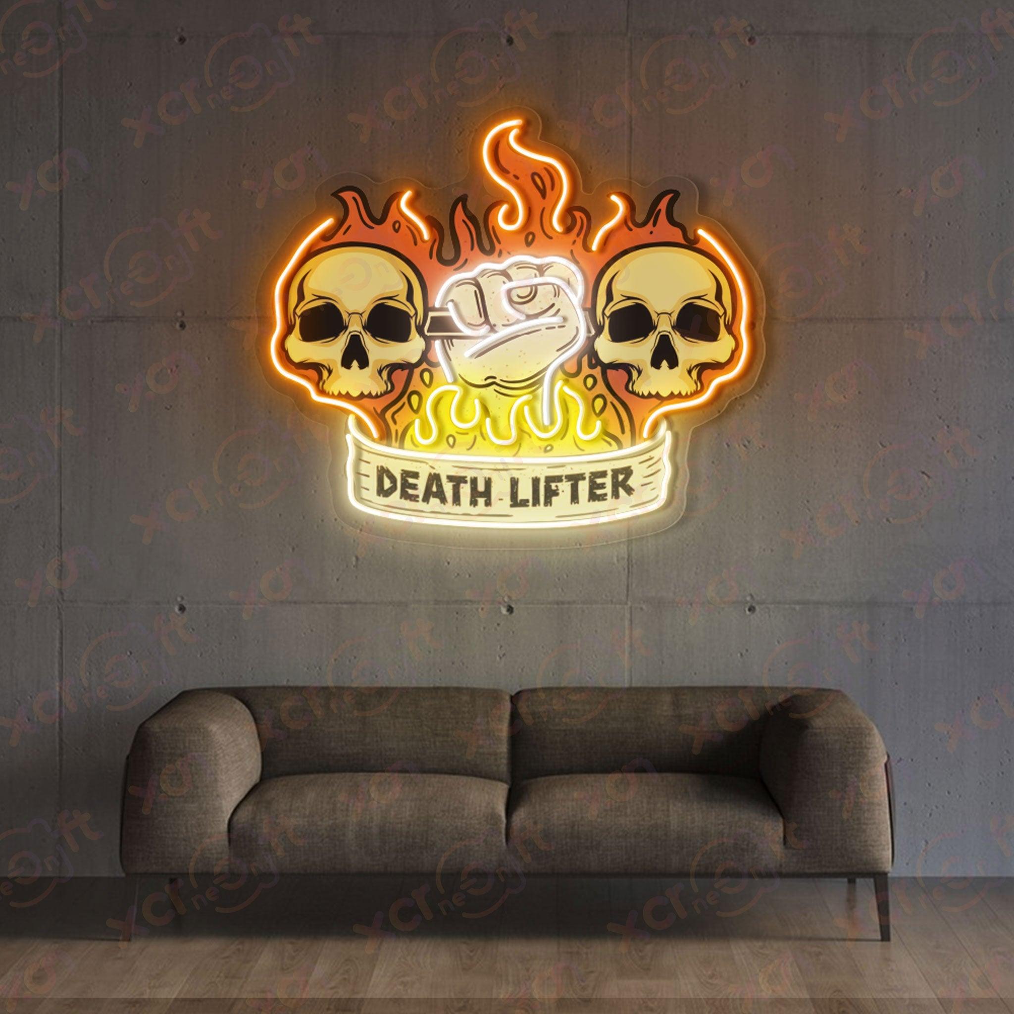 "Death Lifter" neon gym sign.