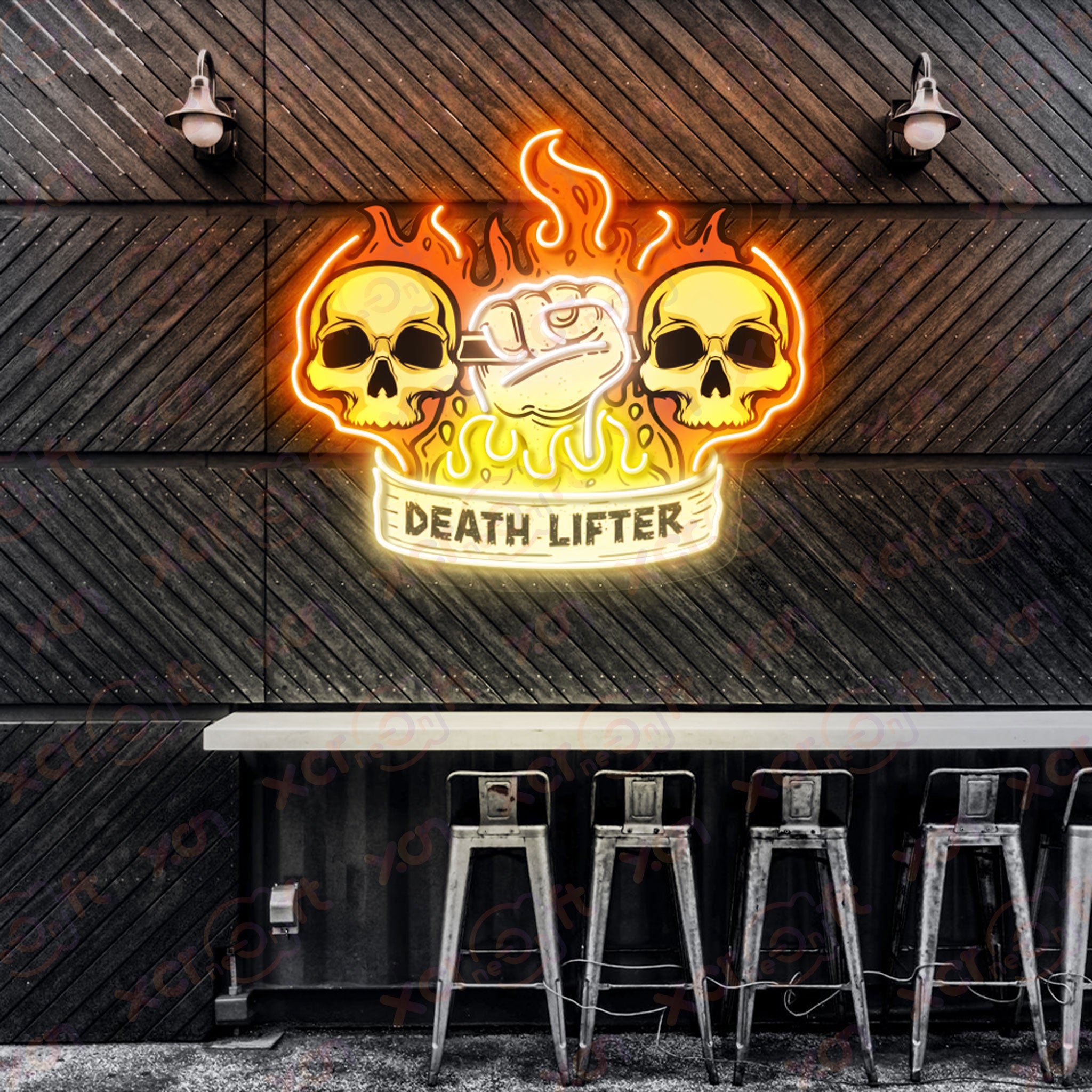 Fiery Skulls Weightlifting UV Printed Neon Sign