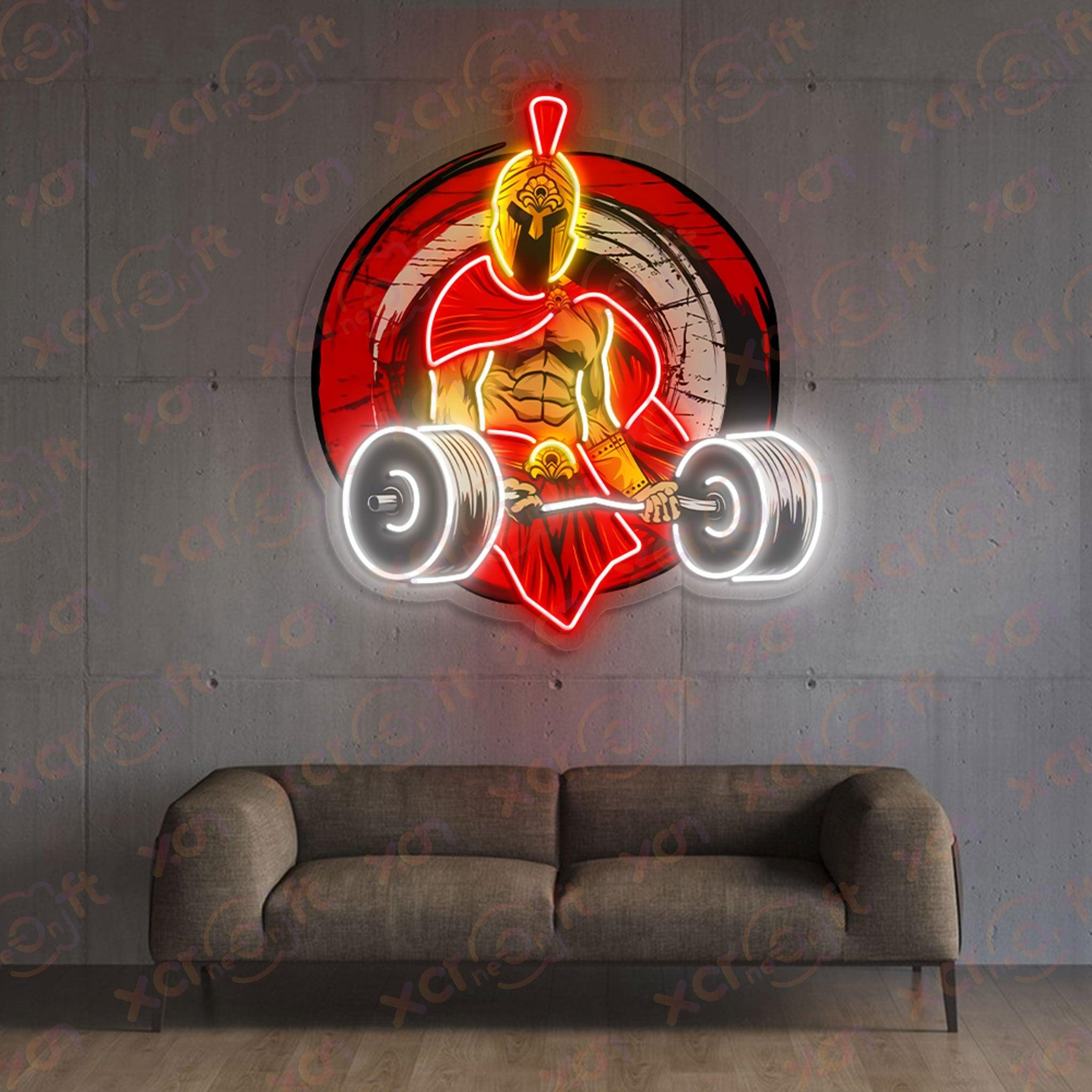 Red and yellow neon gym wall art.