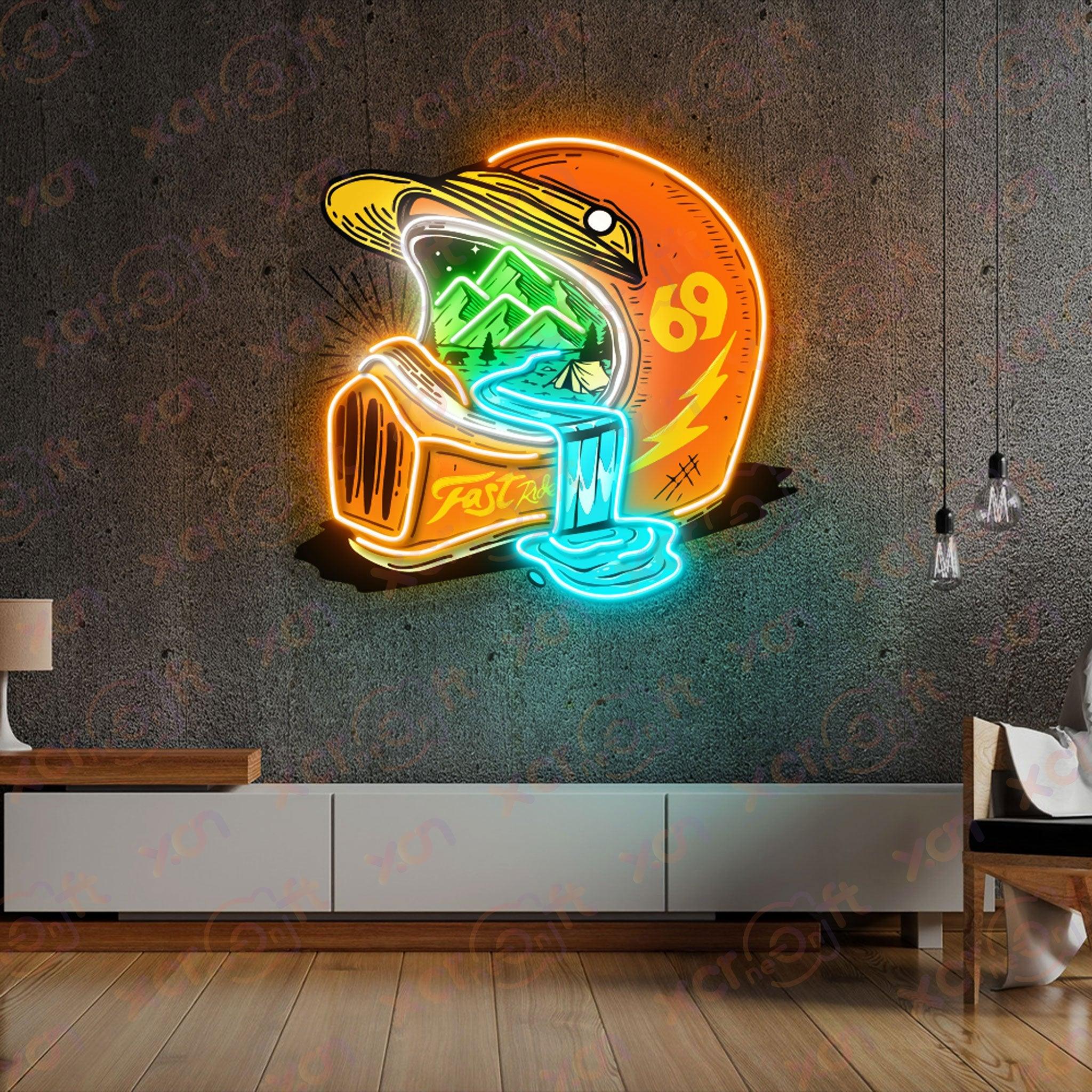 Neon sign motorcycle helmet nature