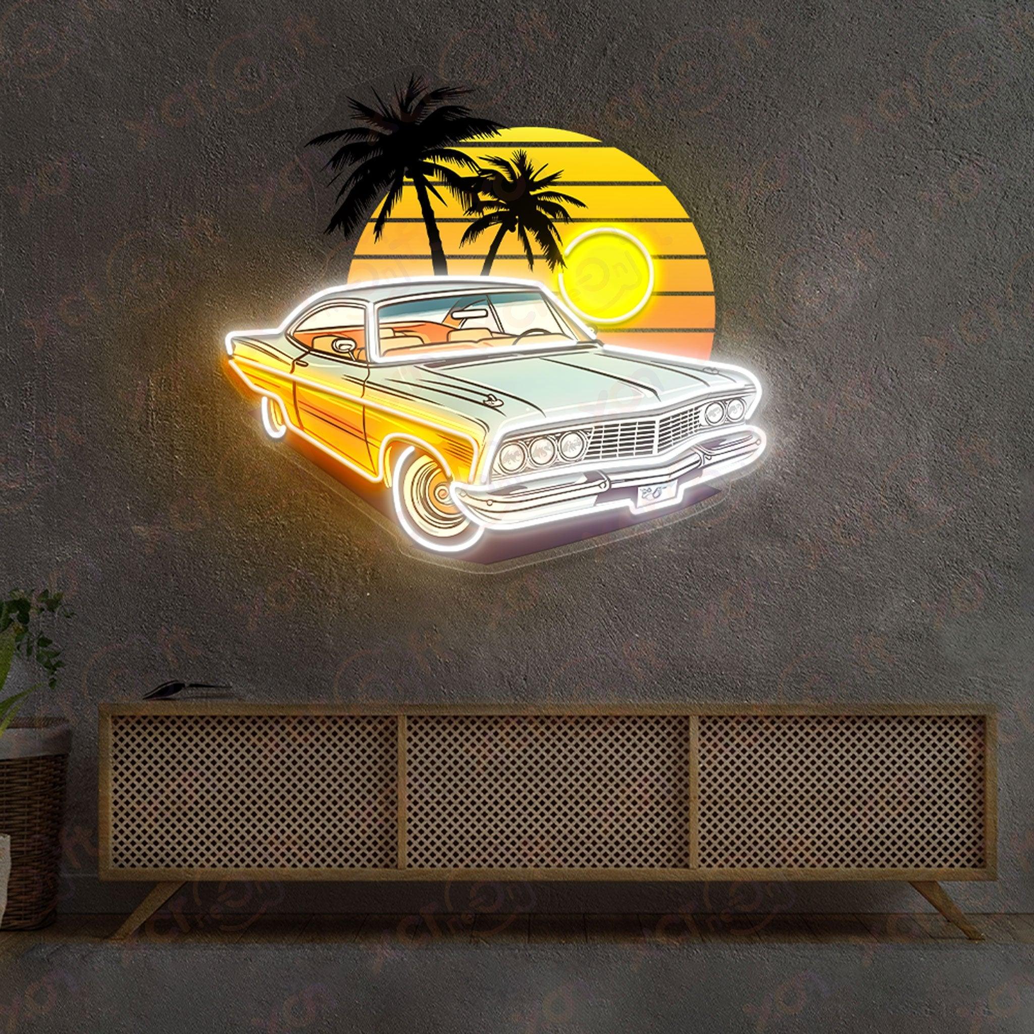 Glowing neon sign: Classic car cruising into the sunset.