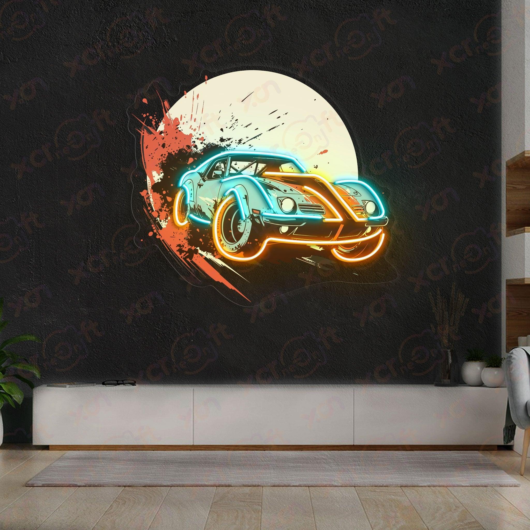 Custom LED neon sign, vintage car art.