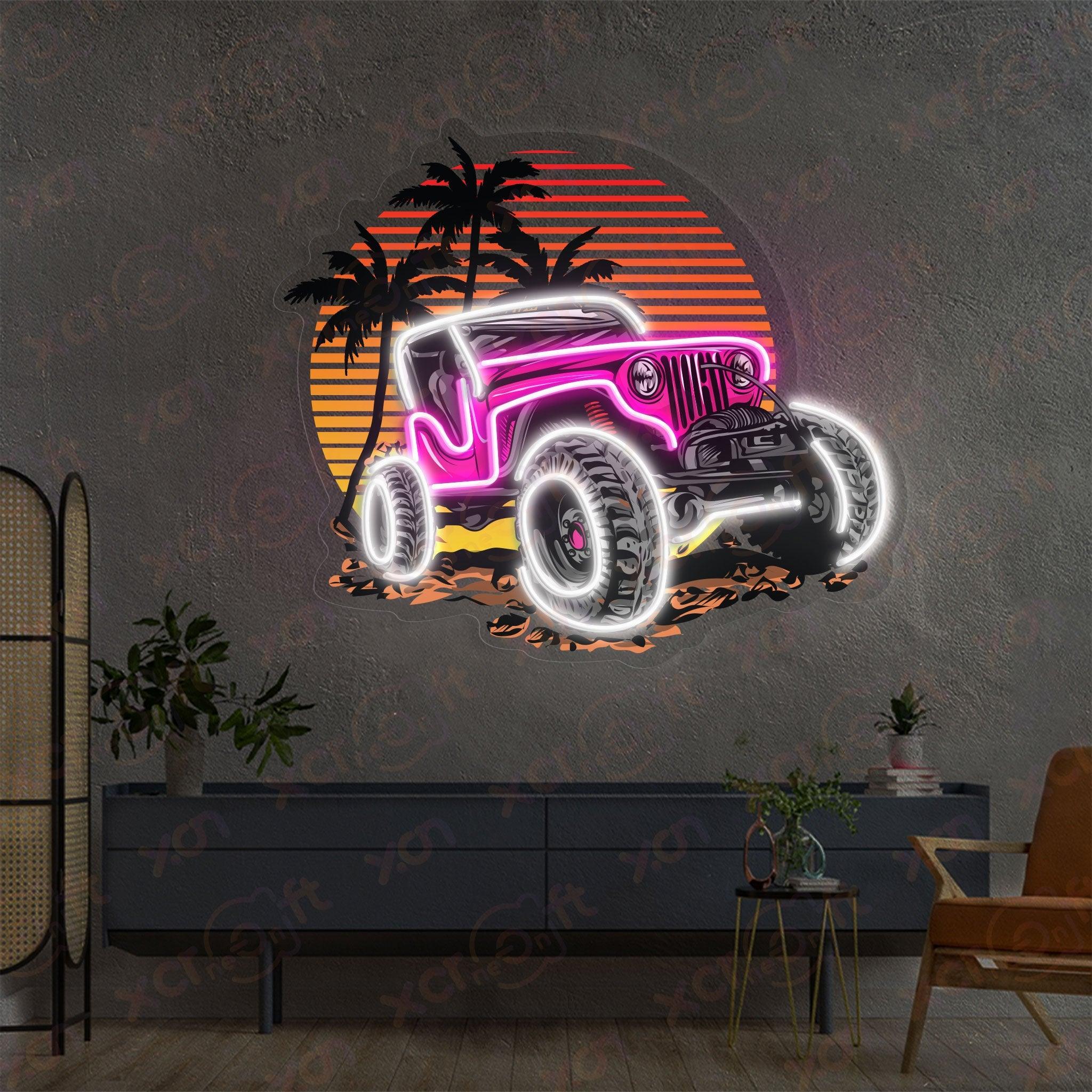 UV neon sign pink Jeep sunset palm trees