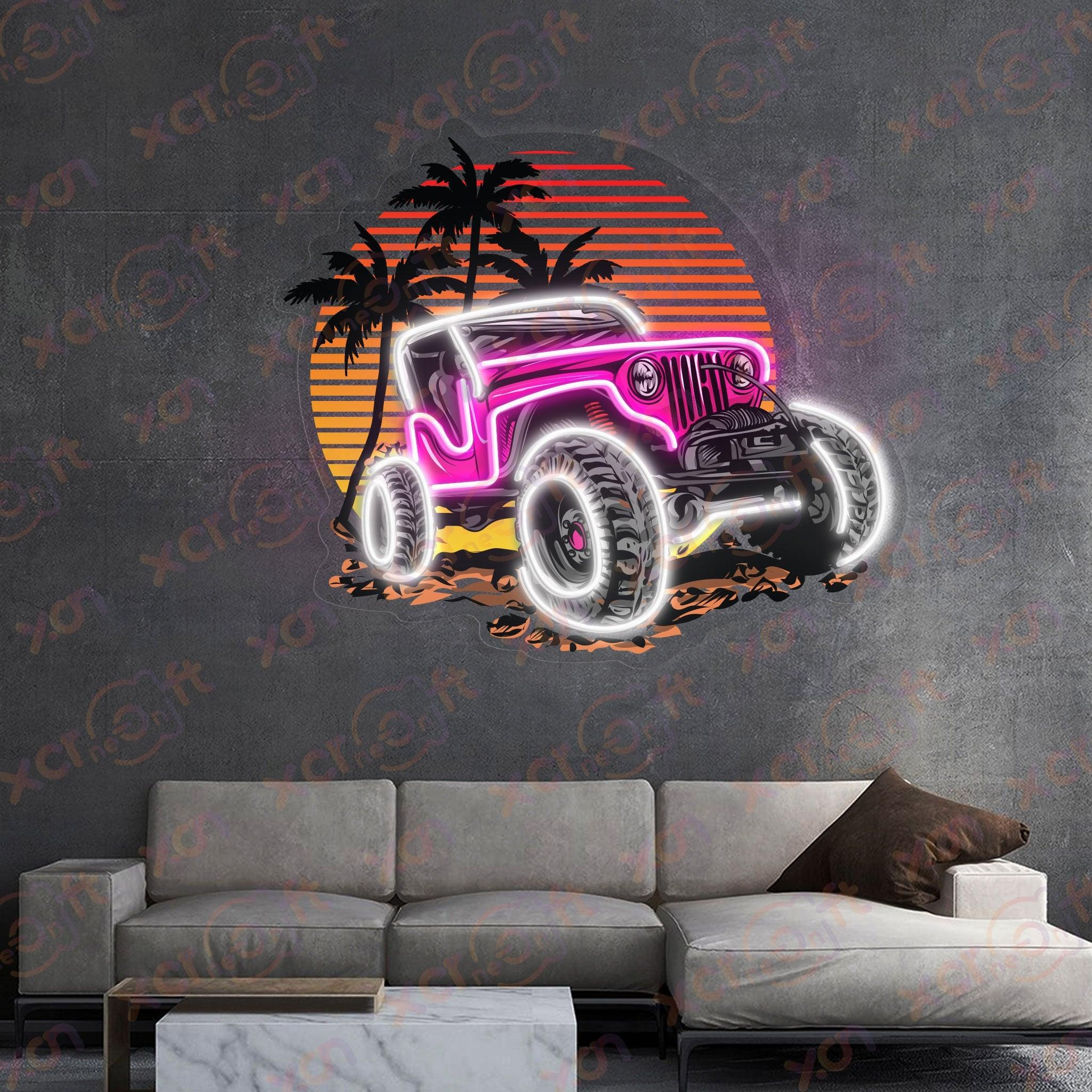 Neon wall art pink Jeep beach vibes