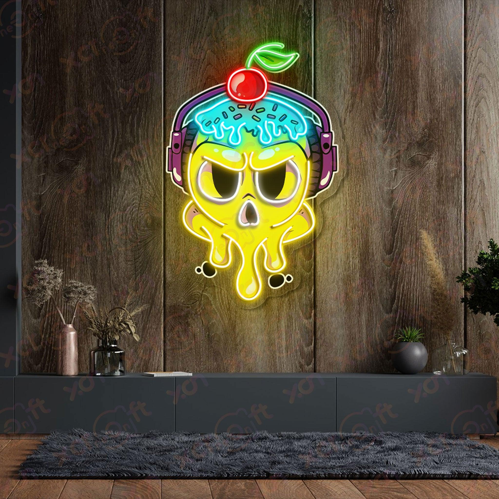 Neon Sign melting skull headphones Halloween decor