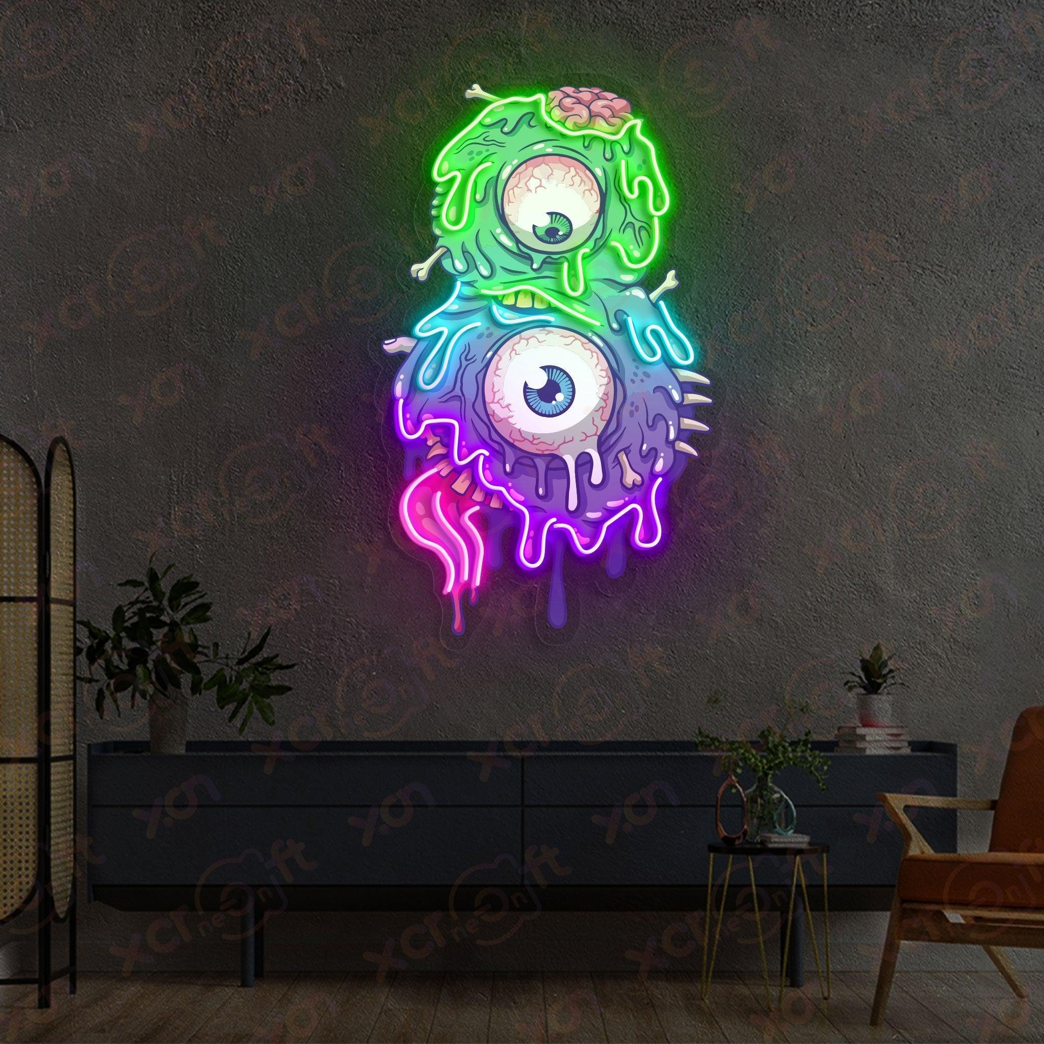 UV neon sign googly monster art vibrant wall decor.