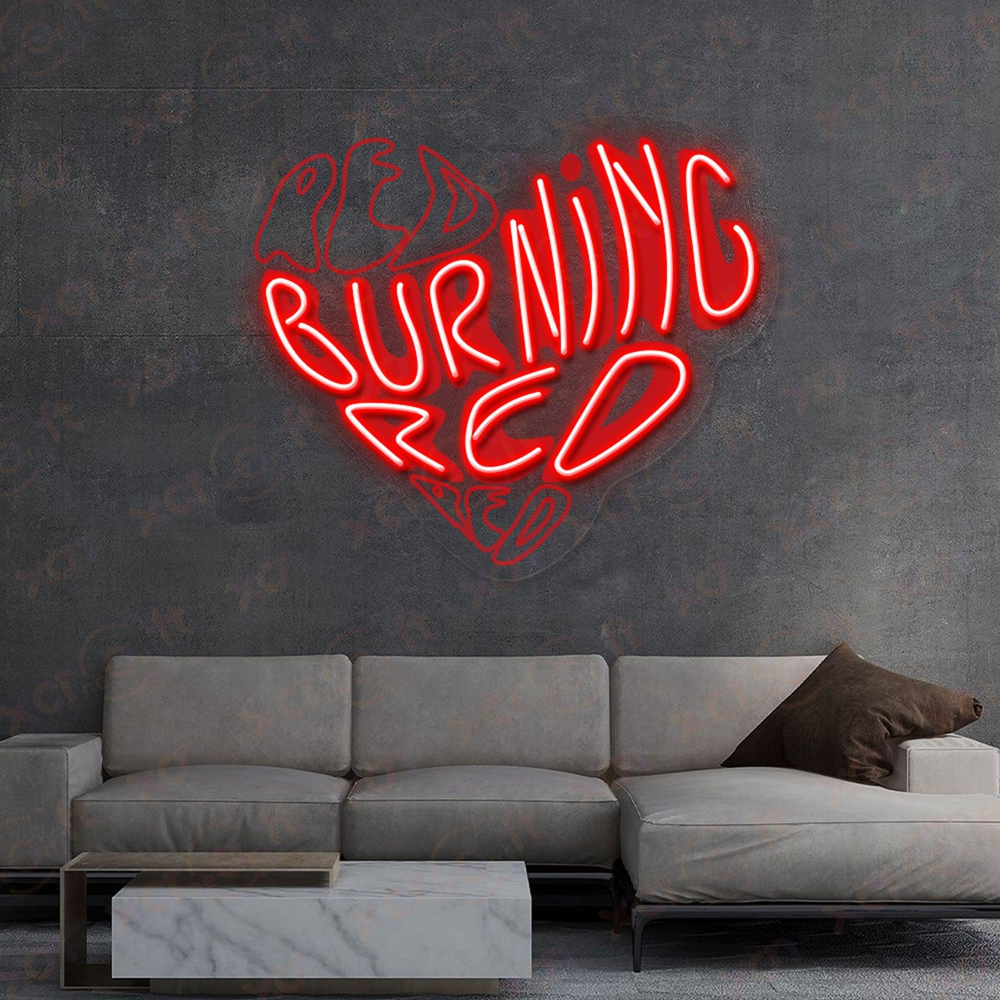 UV printed neon, Burning Red music art, vibrant wall decor.