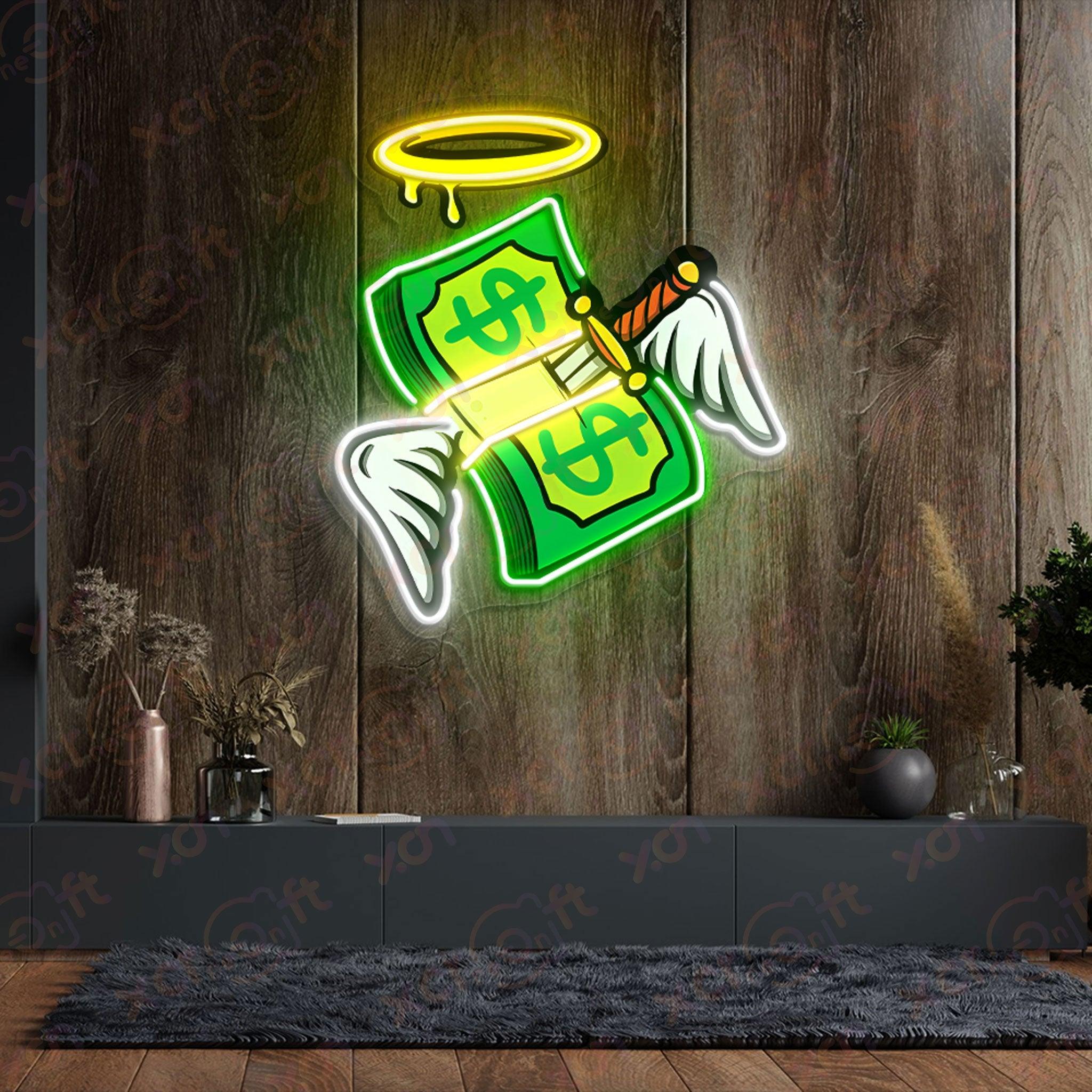 UV printed neon sign, money with wings and halo, unique wall art.