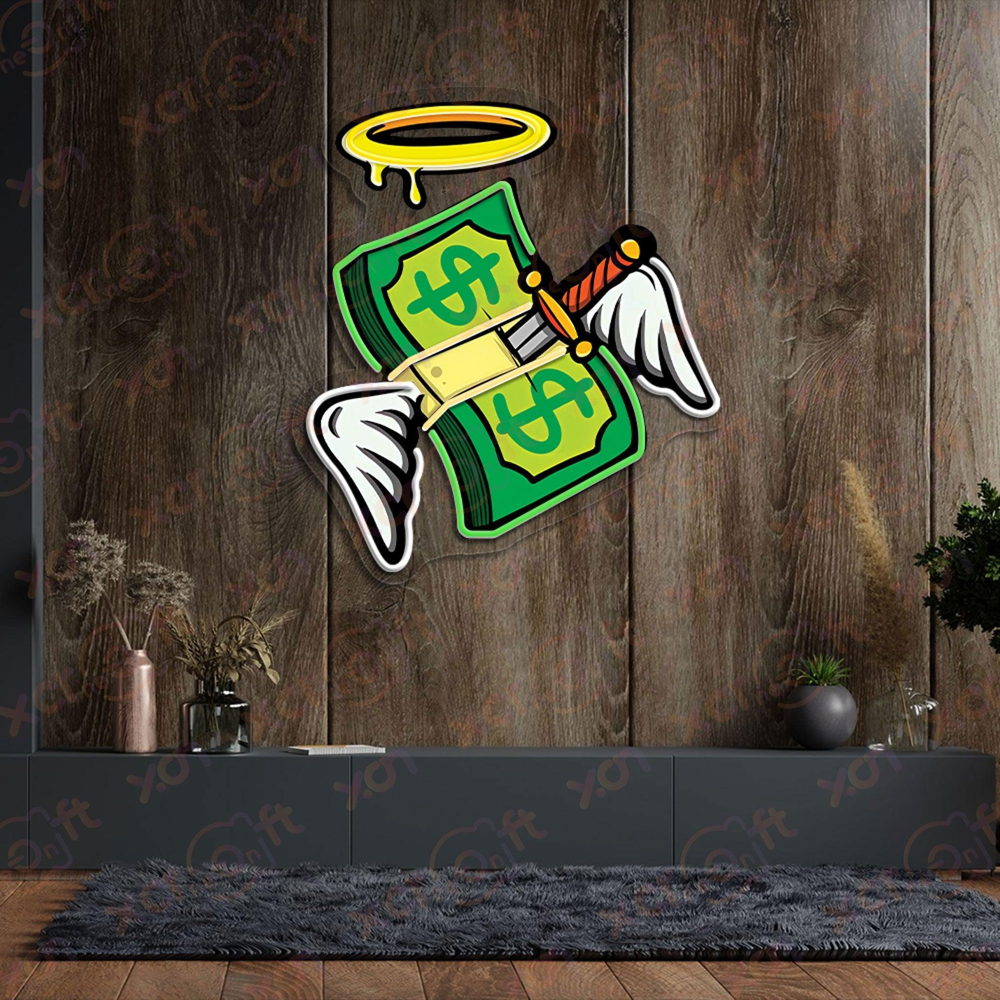 Neon wall art, money with wings and halo, green neon glow.