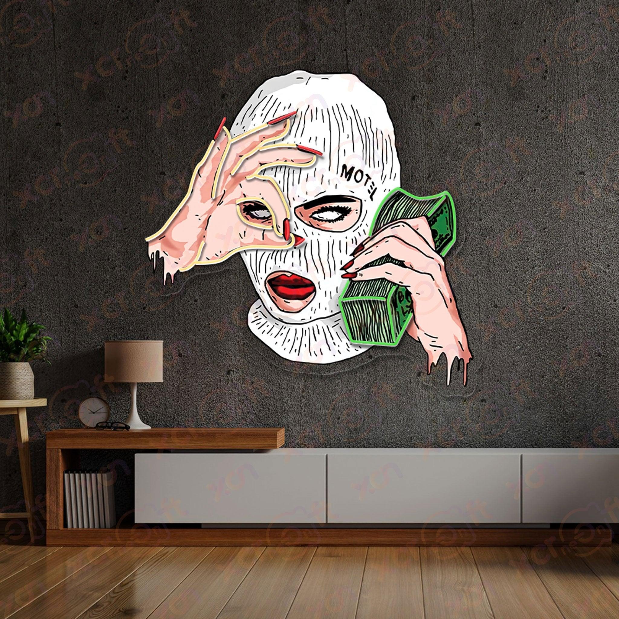 Neon wall art mysterious woman in mask with cash.