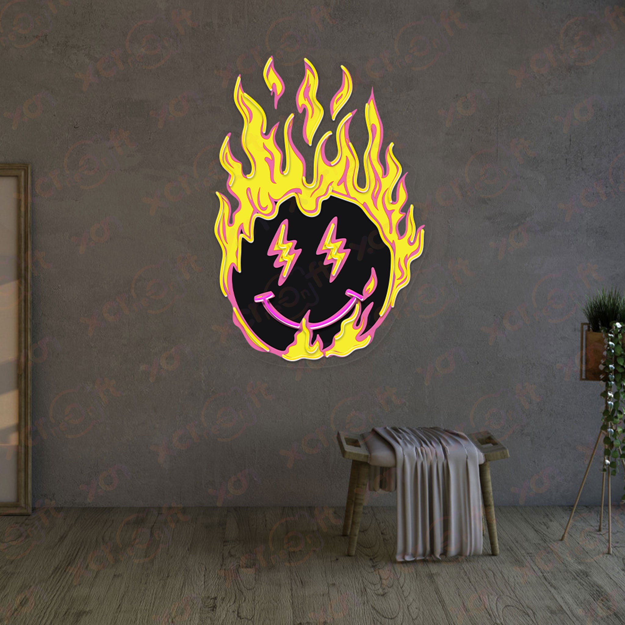 Fire Smley Face Neon Wall Art Holloween Season