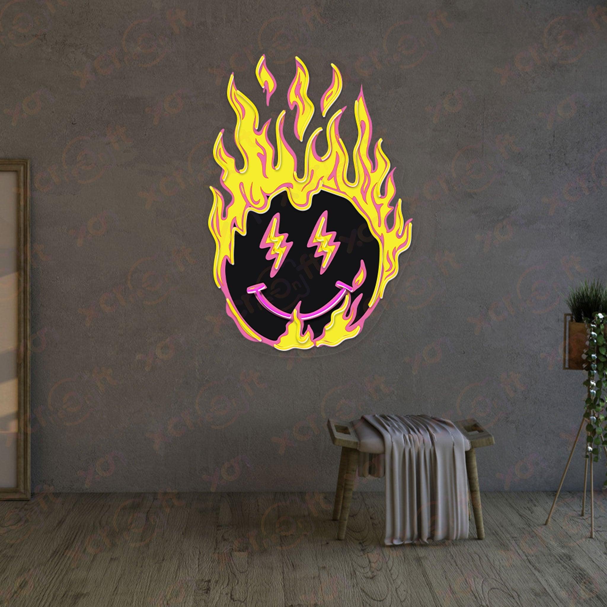 Neon wall art, burning smiley face, colorful neon light.