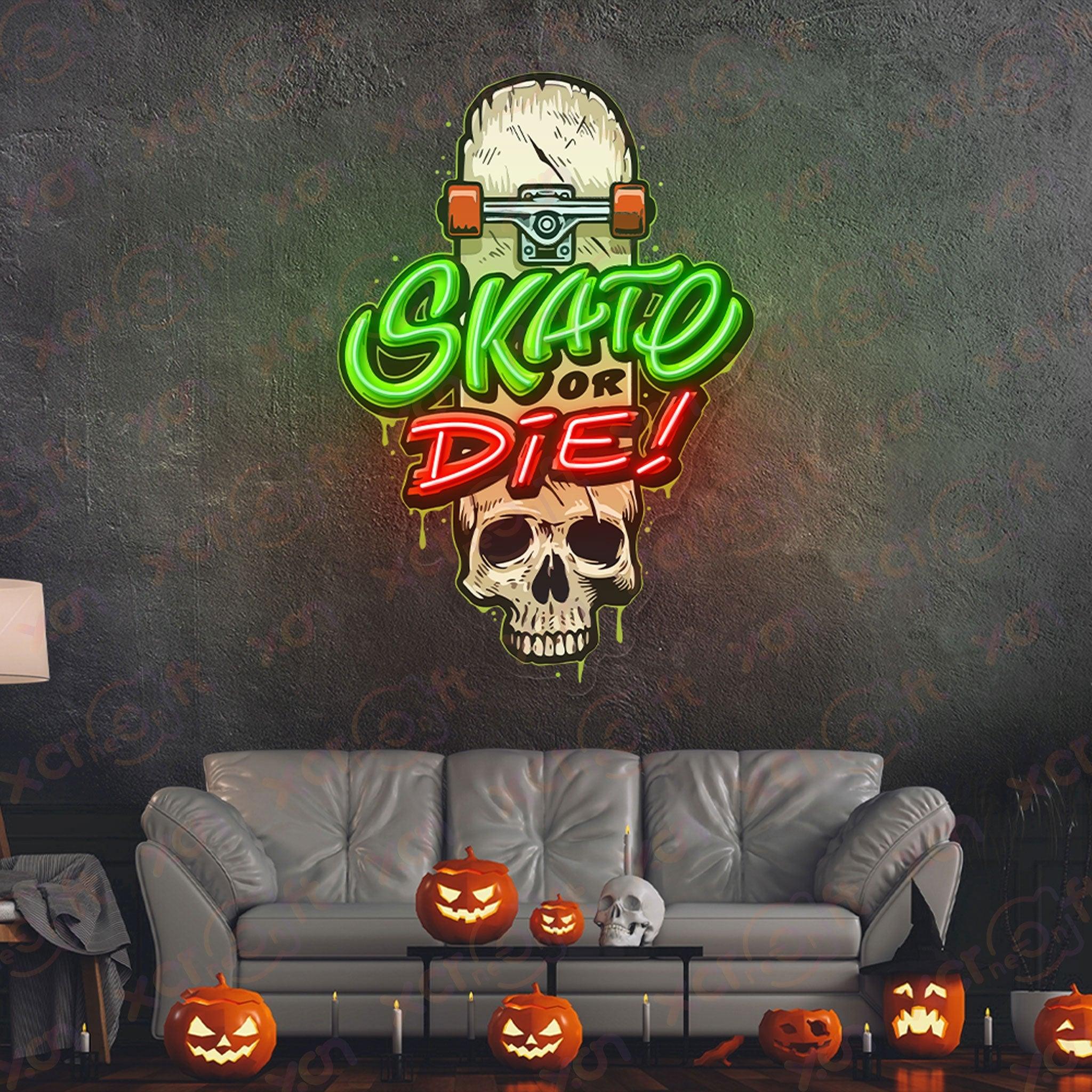 High-quality neon sign, skateboard skull design, vibrant neon light.