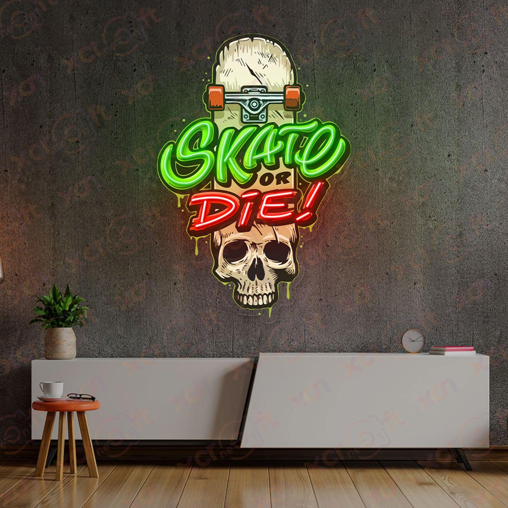 Custom LED neon sign, "Skate or Die" slogan, edgy wall decor.