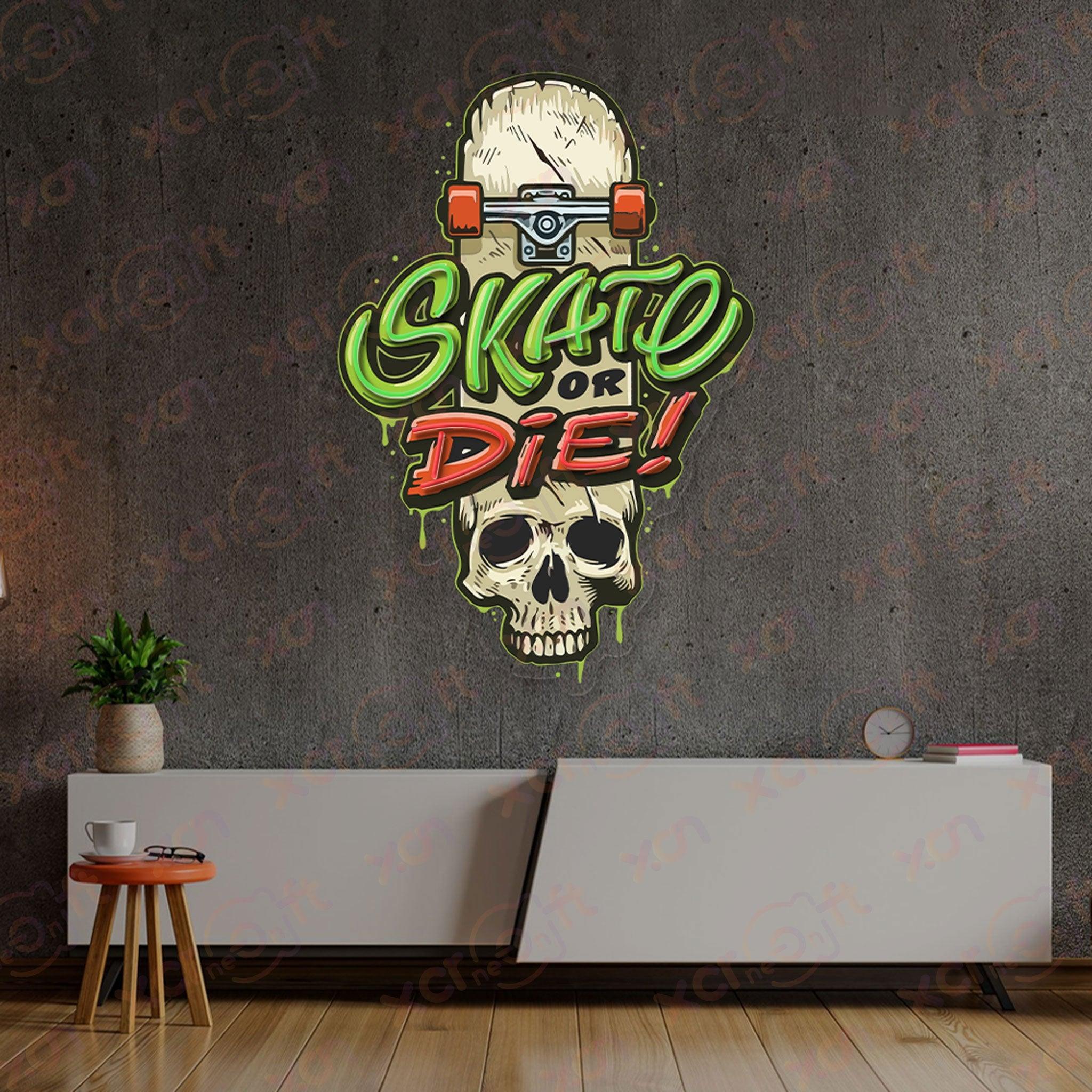 Neon wall art, "Skate or Die" motto, durable neon decoration.