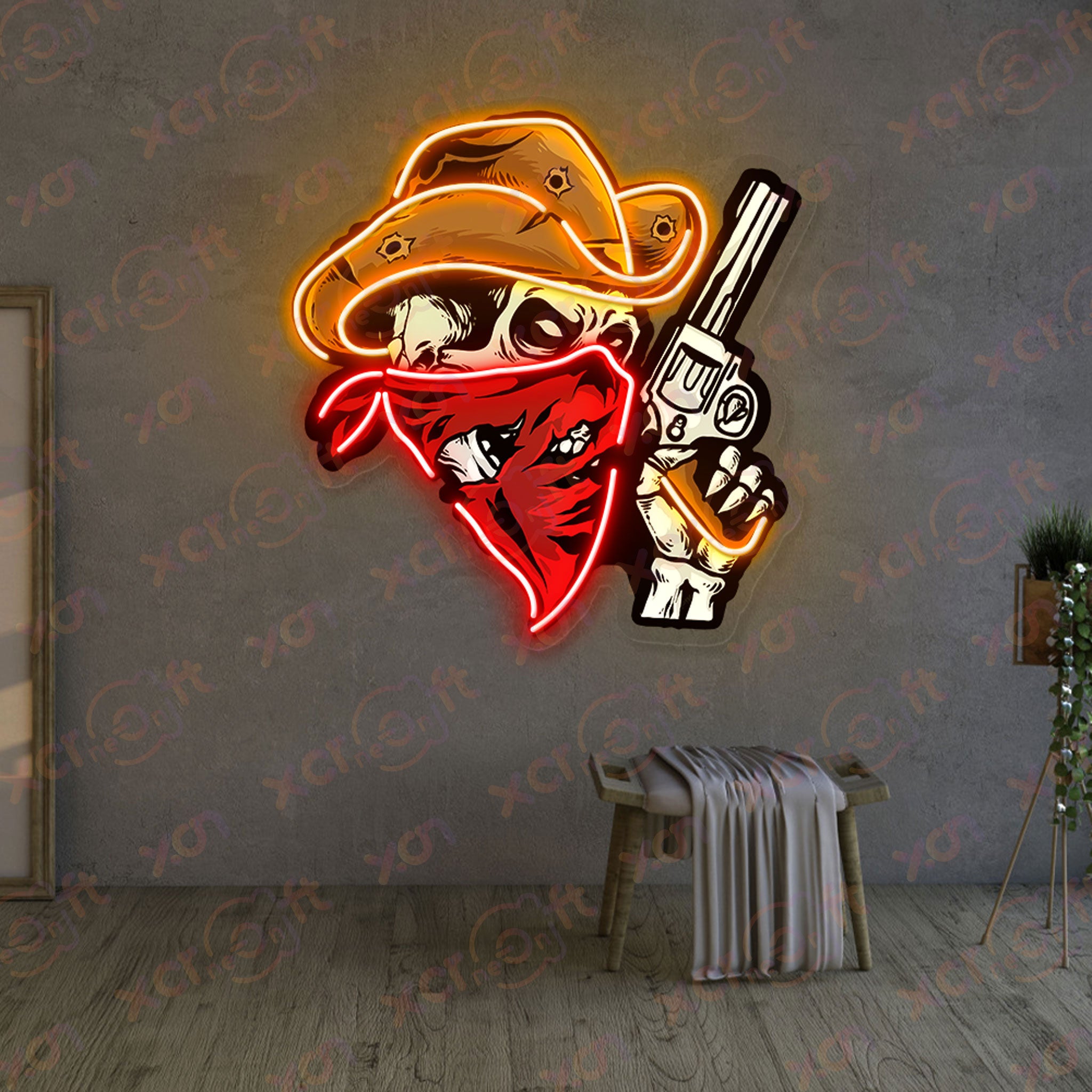 Cowboy Skull Gun Neon Light For Holloween Decor