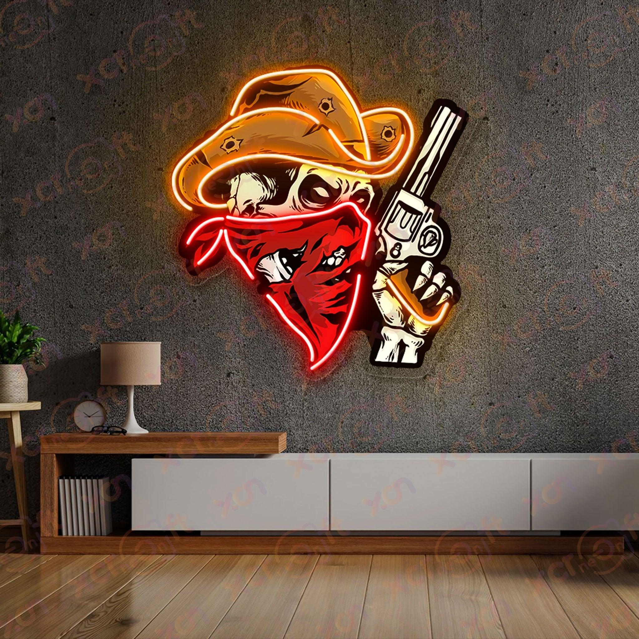 UV printed neon sign, cowboy skull bandana, Wild West wall art.