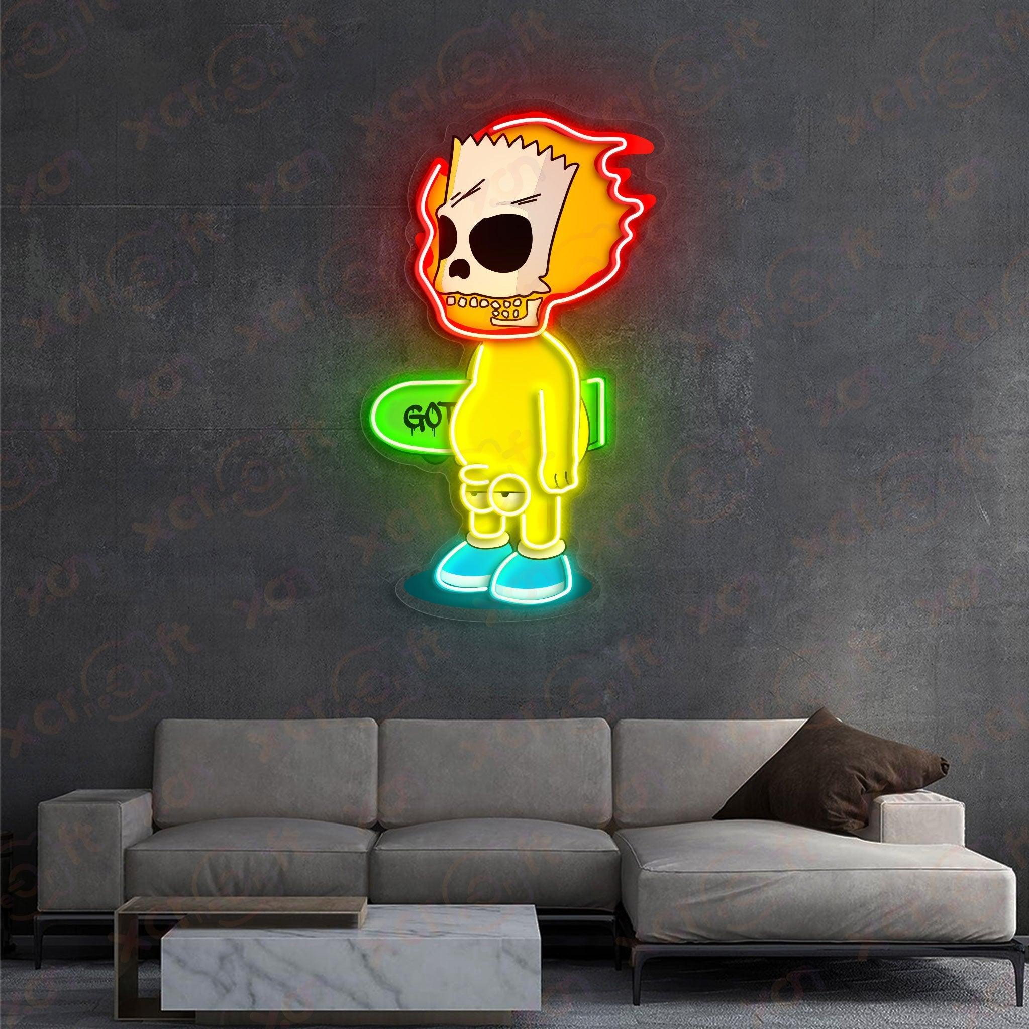 High-quality neon sign, flaming skull Bart Simpson, durable neon decor.