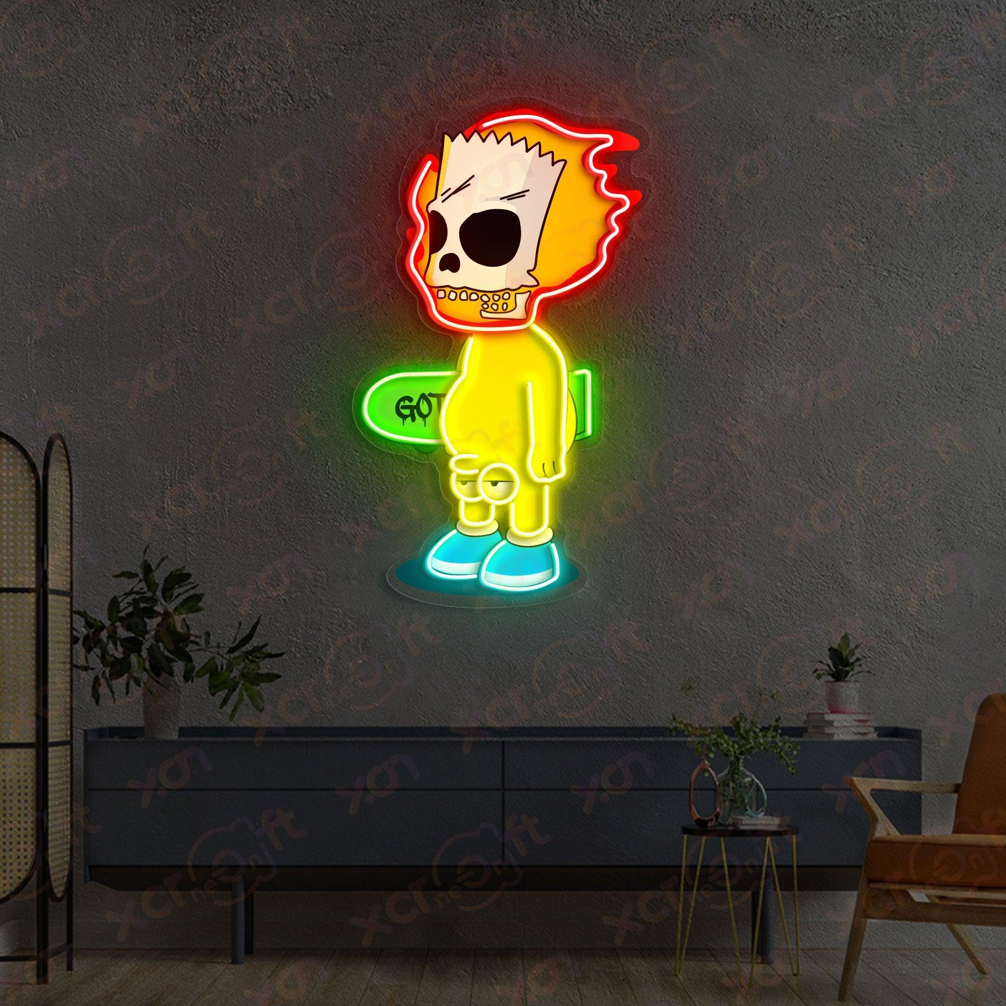 UV printed neon sign, Bart Simpson skull design, vibrant wall art.