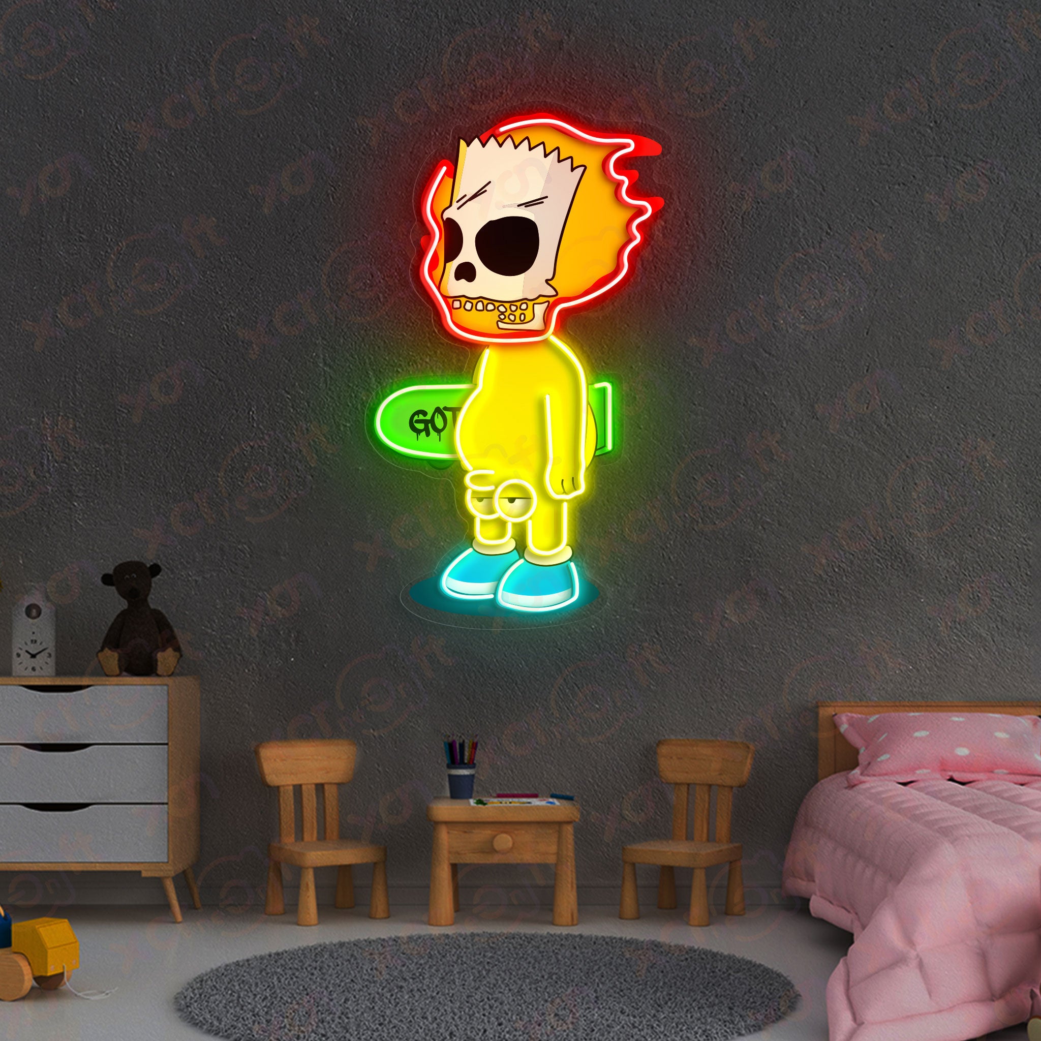 Yellow Cartoon Skate Skull Neon Wall Art Decor for Halloween