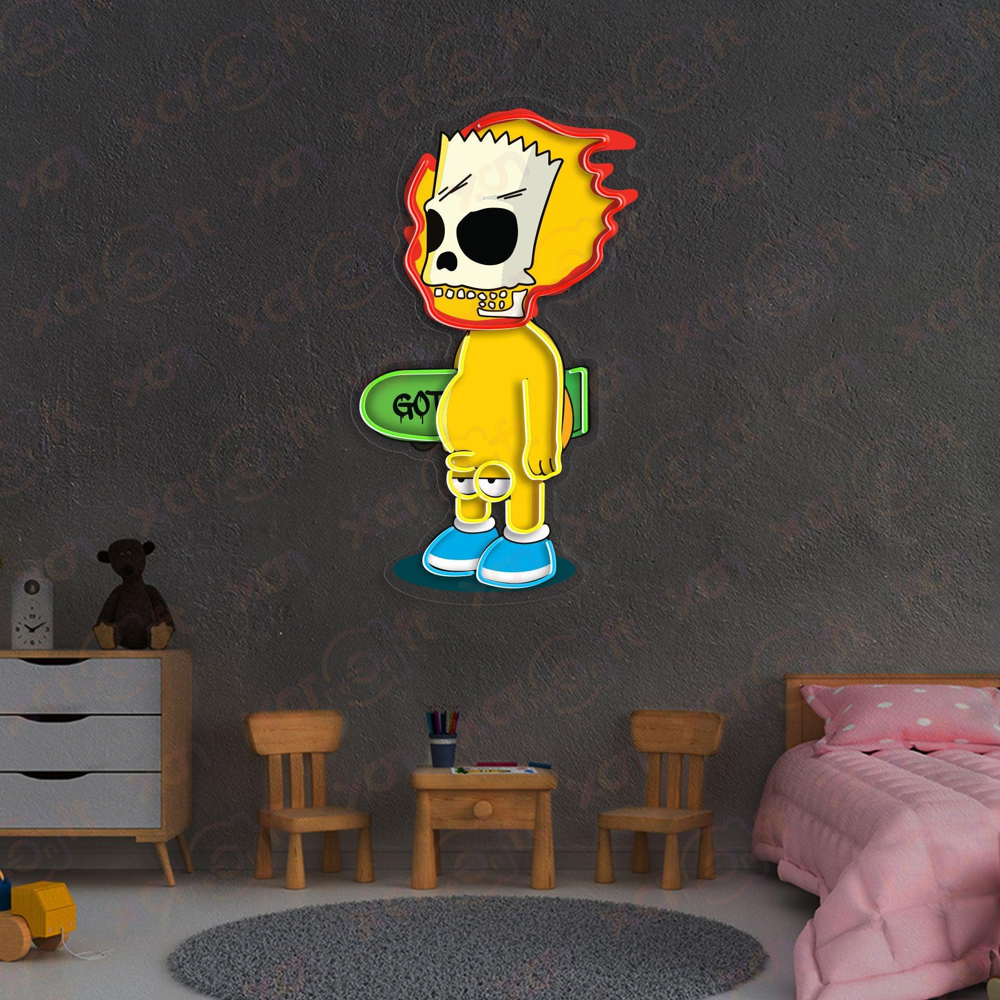 Neon wall art, Bart Simpson "Go to Hell" design, colorful neon light.