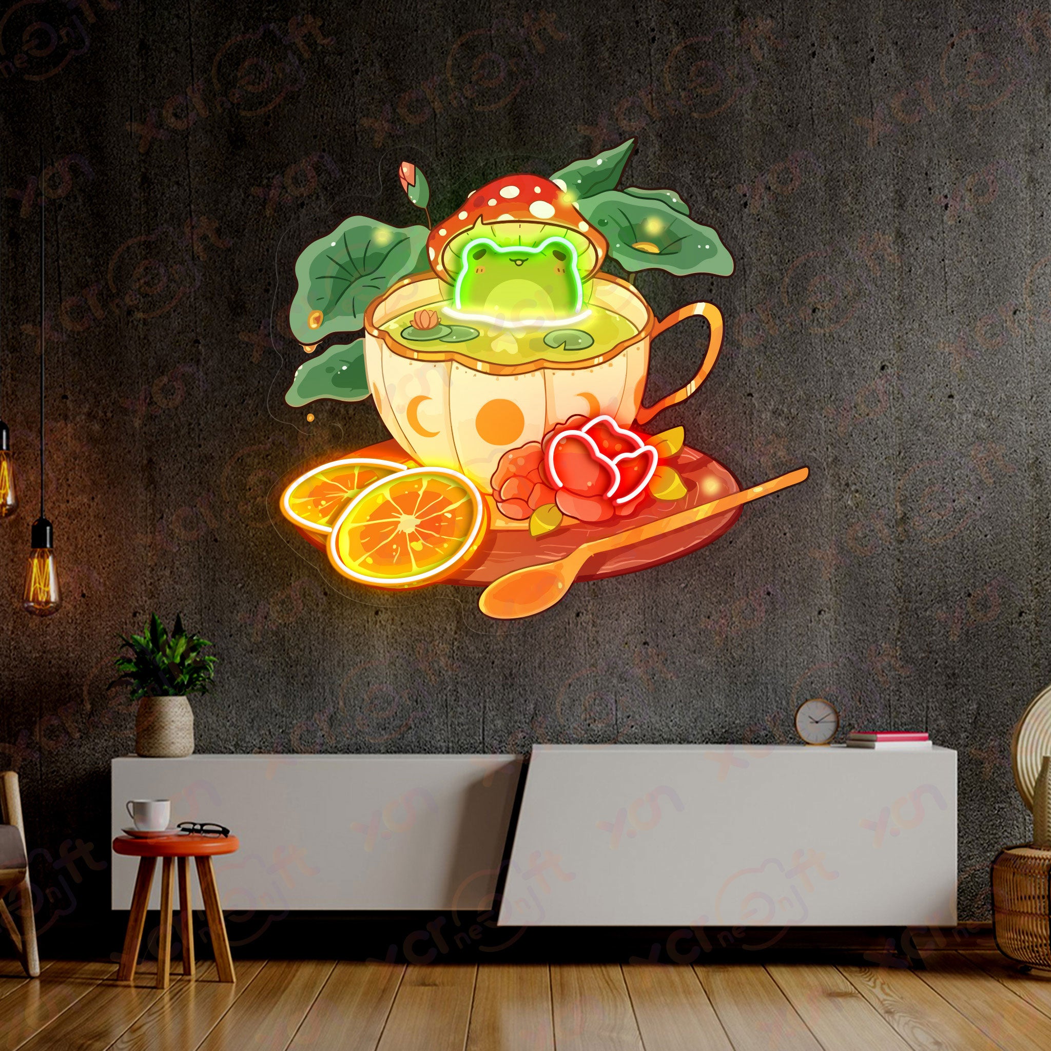 Cute Frog Tea Cup Neon Wall Art Kids Room