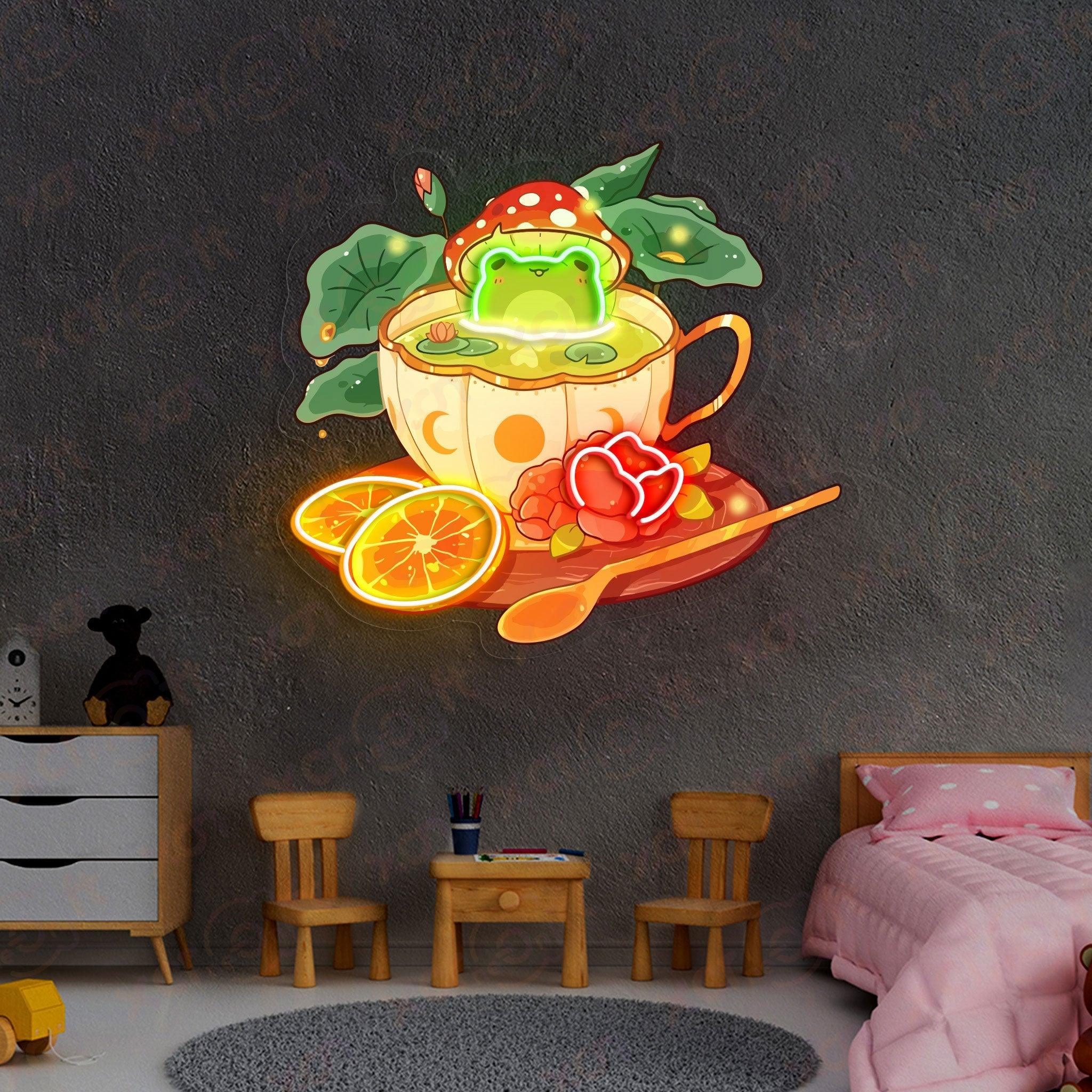 UV printed neon sign, frog in teacup, whimsical wall art.