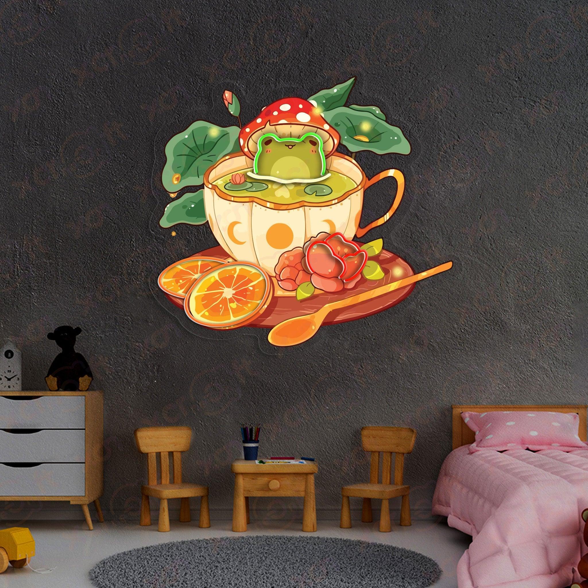 Neon wall art, frog tea party, colorful neon decoration