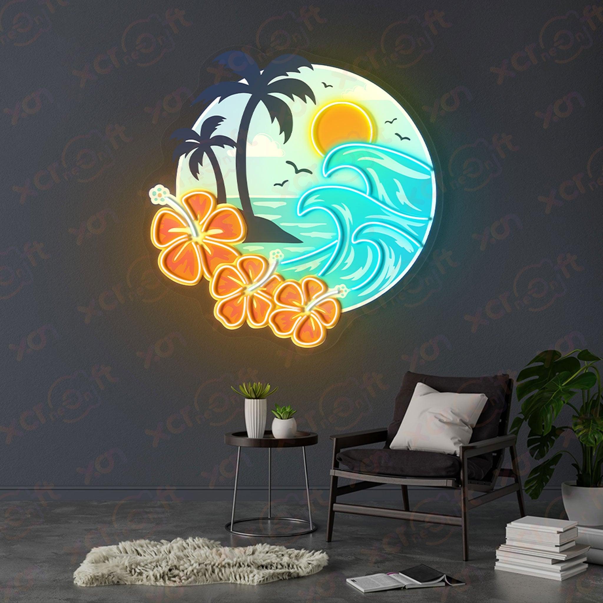 UV printed neon sign, tropical beach scene, vibrant wall art.