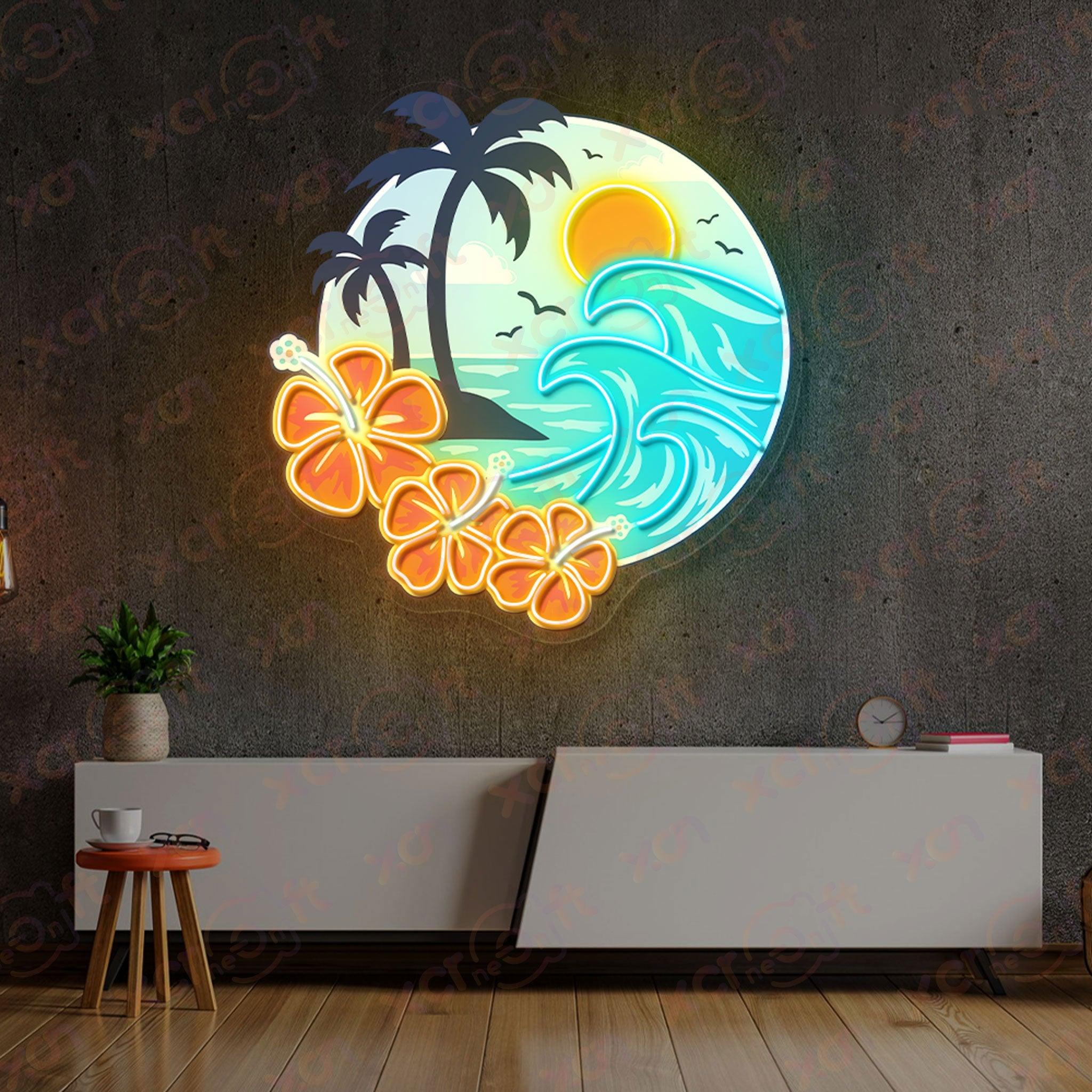 High-quality neon sign, hibiscus flowers and ocean waves, durable decor.