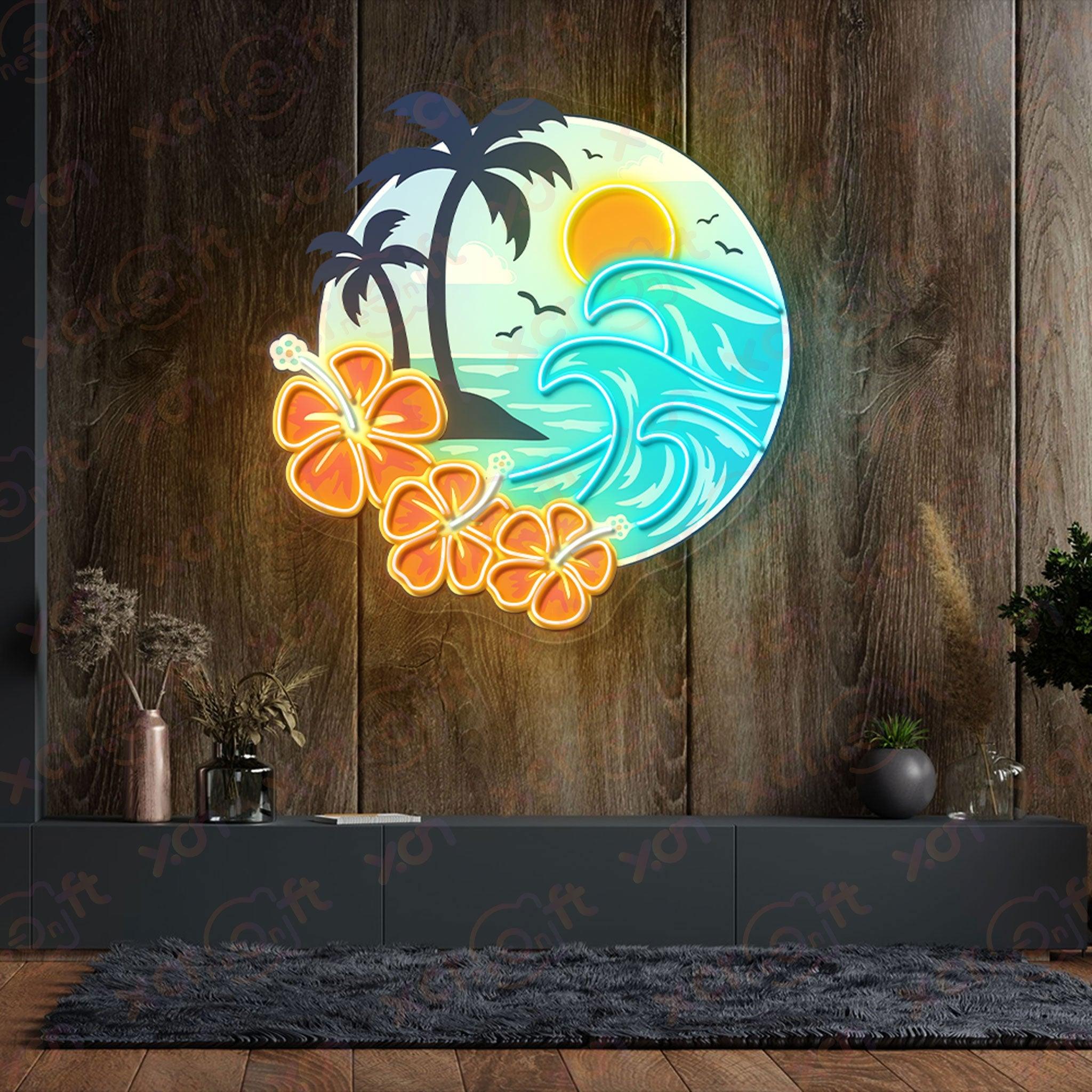 Custom LED neon sign, palm trees and sunset, unique neon light.