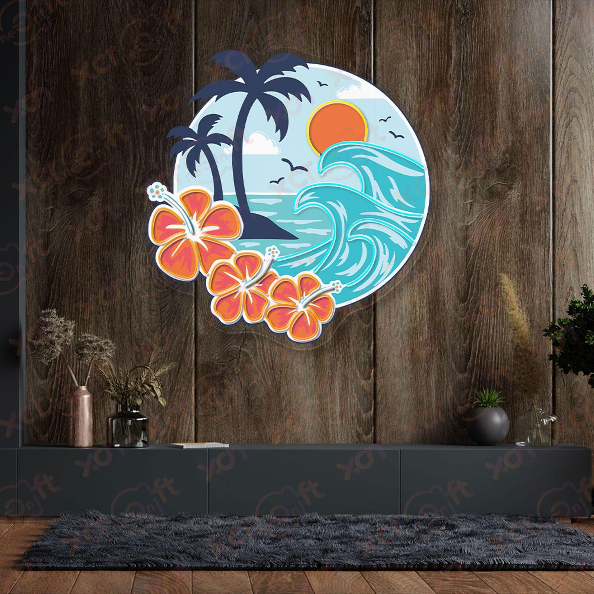 Neon wall art, island paradise scene, colorful neon light.