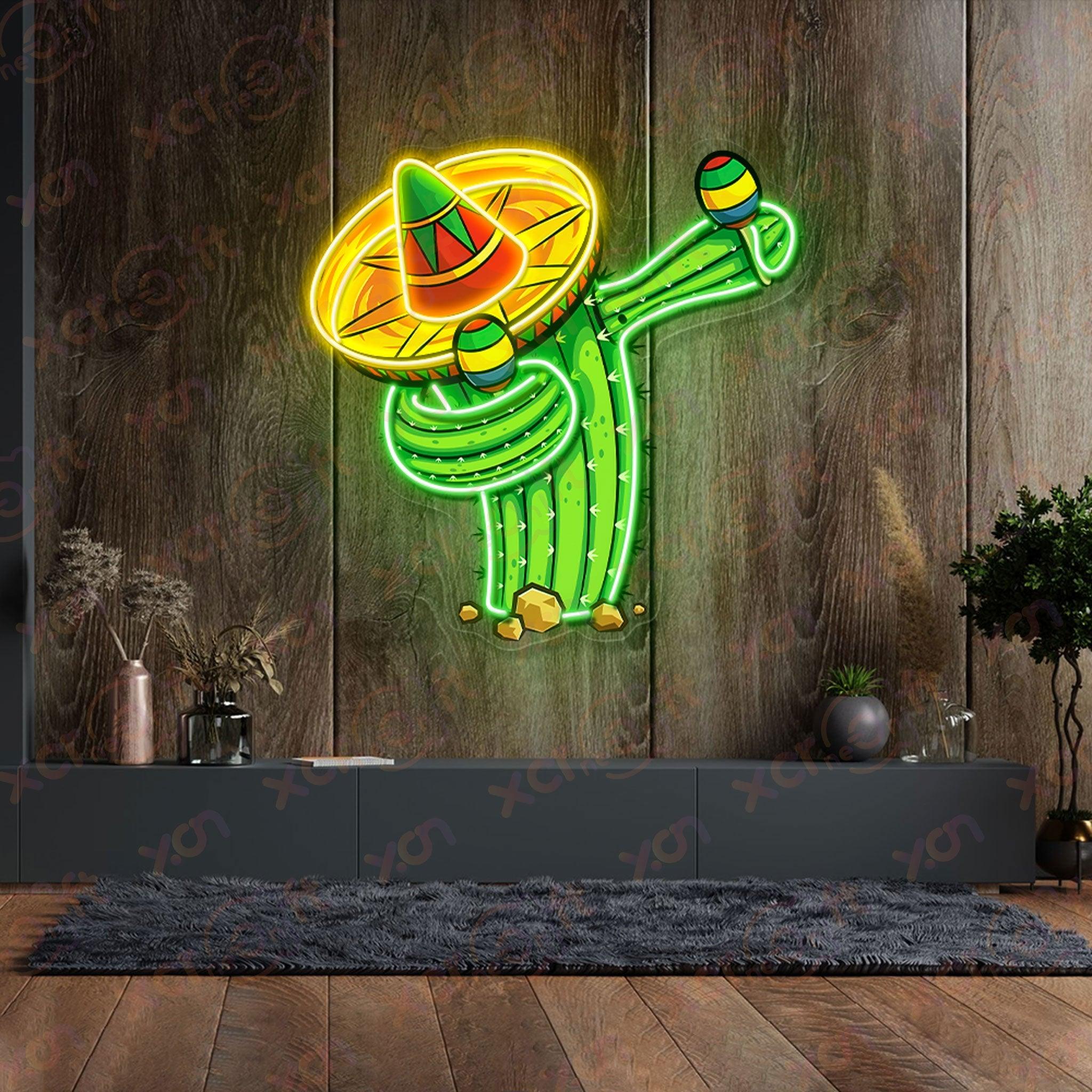 UV printed neon sign, dancing cactus with sombrero, festive wall art.