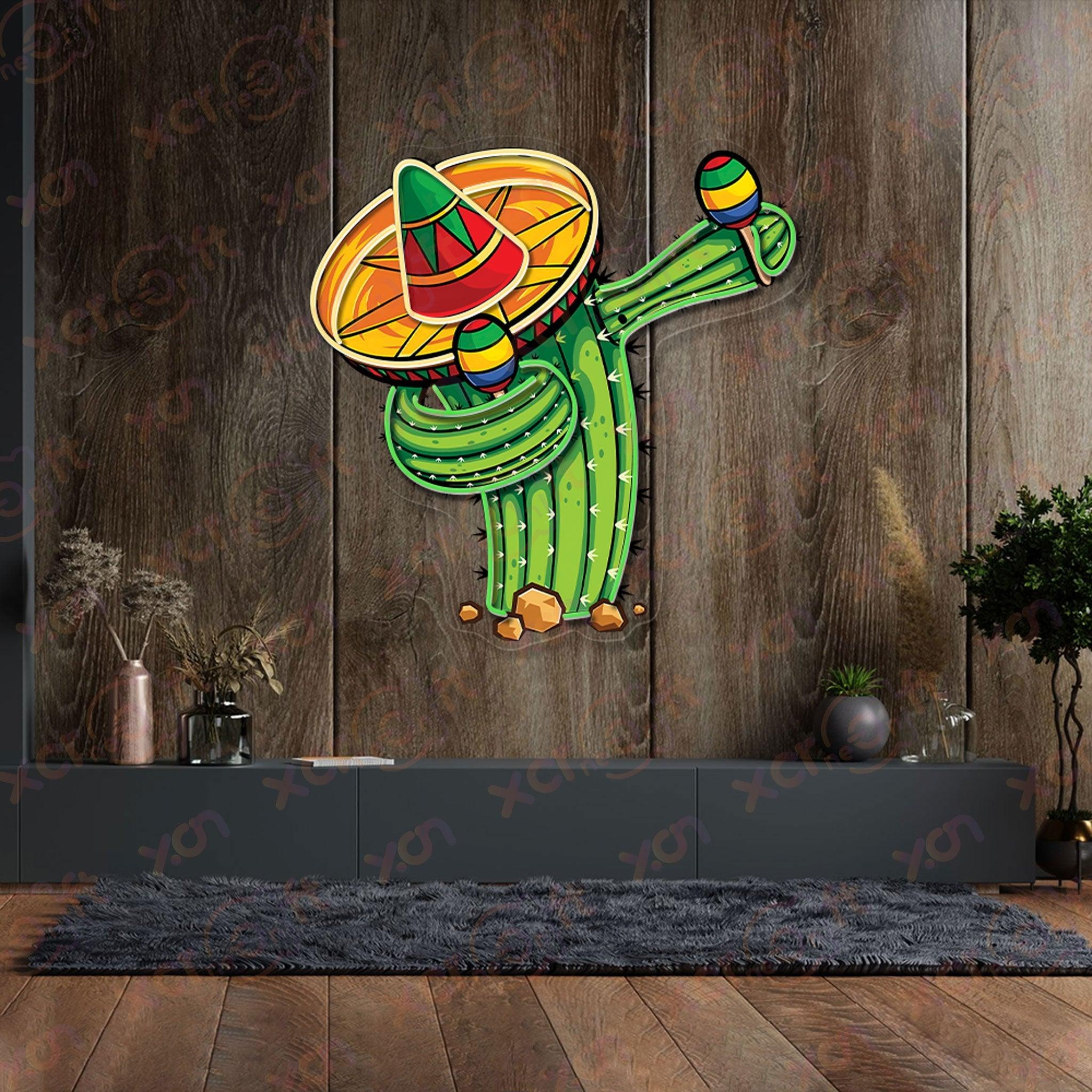 Neon wall art, quirky cactus design, colorful neon decoration.